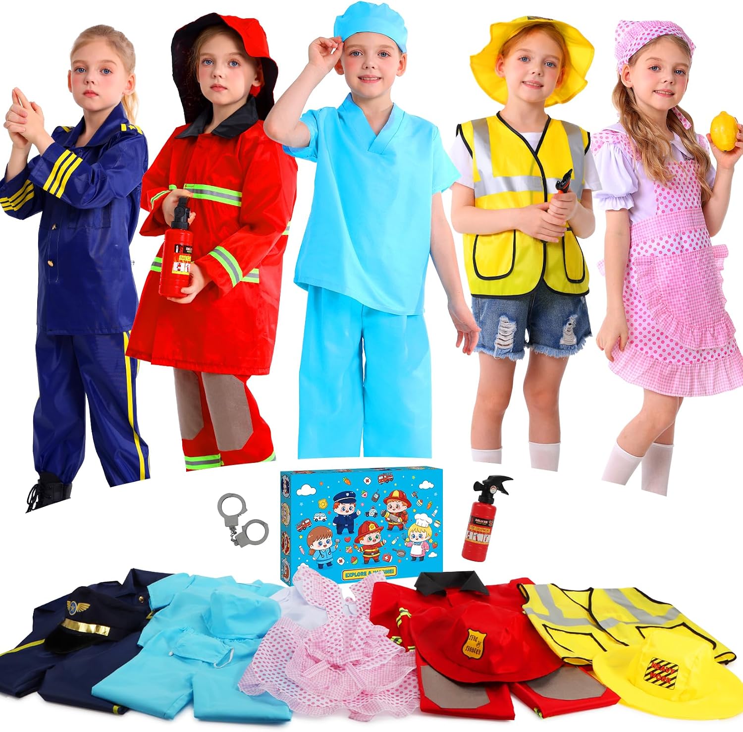 Toddler Dress Up Clothes, Kids Dress Up Clothes for Boys Girls 3-6 | Career Day Costumes with Police Officer, Firefighter, Doctor, Chef & Construction, Halloween Gifts, Birthday Gift for Kids