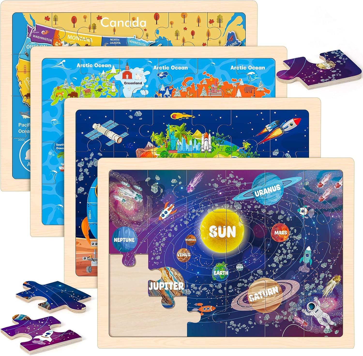 4-Pack Wooden Puzzles for Kids Ages 3-5, 24-Piece Geography Space Set | Toddler Puzzles Ages 3-5, Preschool Puzzles with Wooden Jigsaw Boards for Fine Motor Skills, Shape Recognition and Travel