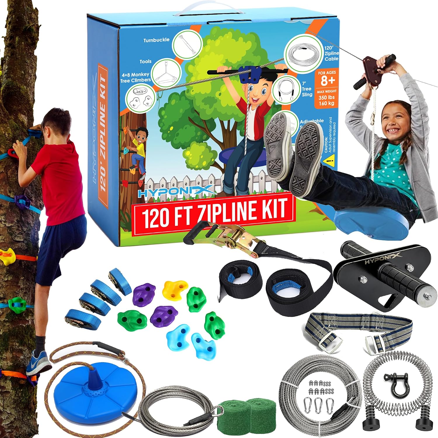 Hyponix Zip Line Kit for Backyard Kids and Adults 120 ft, Up to 350 Lbs | Outdoor & Backyard Zipline w/ Safety Harness, Ratchet Quick Setup, Spring Brake, Removable Trolley, Rustproof Stainless Steel