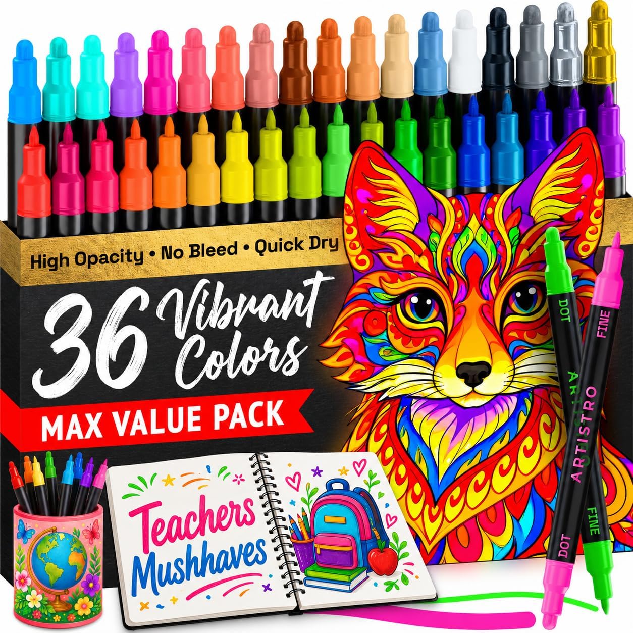 ARTISTRO Precision Dual-Tip Acrylic Paint Marker Pens – Set of 36 | For Fabric, Rock, Glass, Wood, & Coloring Books, Arts & Crafts Gift, Classroom Must Haves & School Supplies (Dot & Fine Tips)