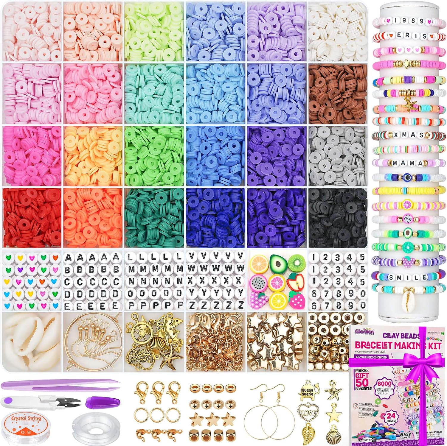 Gionlion 24 Colors Clay Beads Friendship Bracelet Making Kit w/Charms | Preppy Heishi Beads Charms for Jewelry Making, DIY Crafts Gifts for Girls Ages 6-12, Cute Stuff for Teens Christmas Birthday