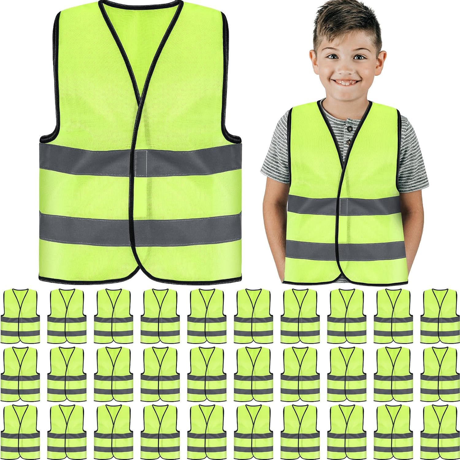 Zhanmai 30 Pcs Kids Safety Vests Bulk Reflective Construction, Yellow | High Visibility Neon Dual Reflective Strips, Breathable Mesh Child Outdoor Training, School Events Traffic Drills Groups