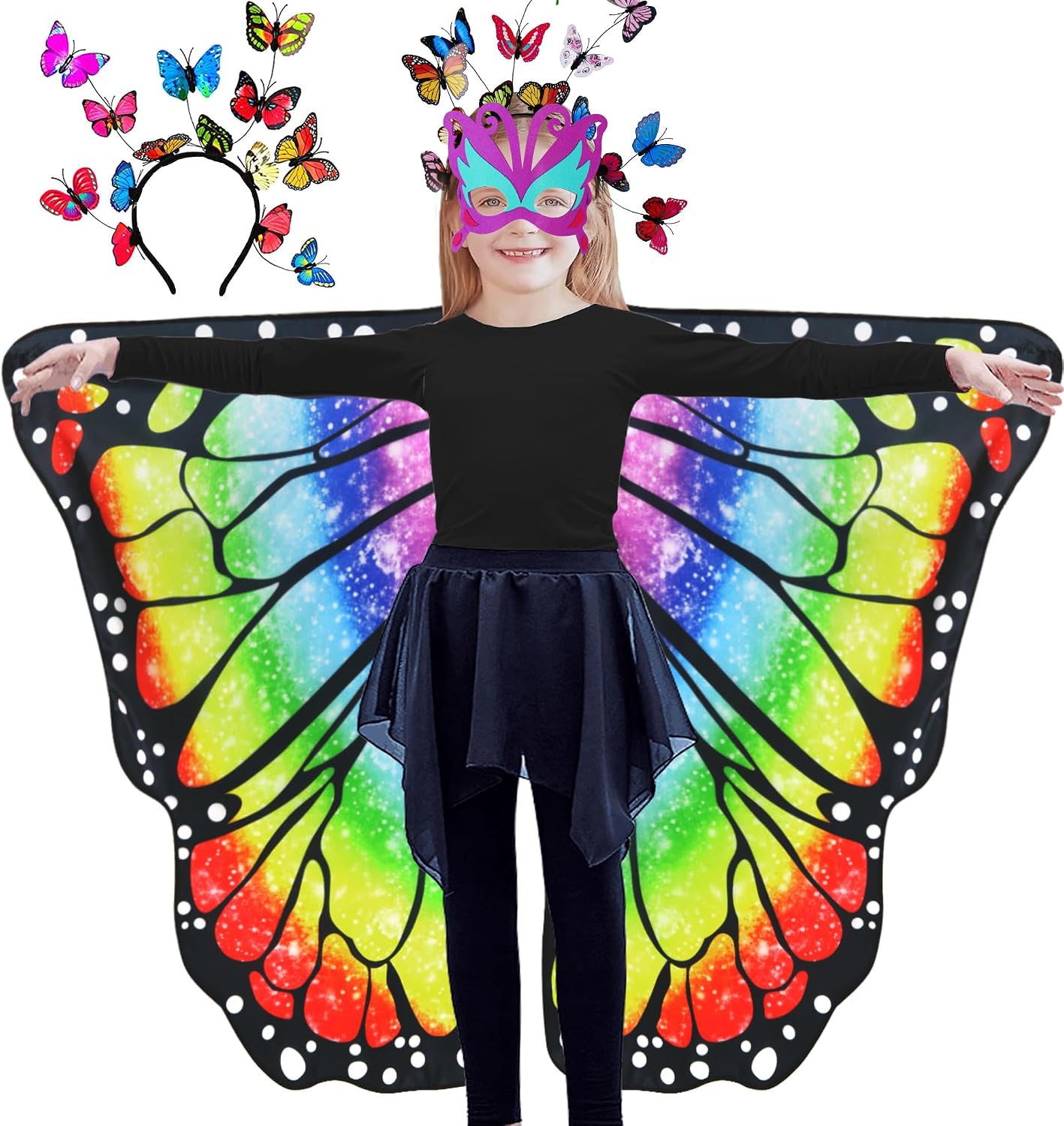 D.Q.Z 3Pcs Double-Sided Fairy Butterfly-Wings Costume for Girls Kids Halloween Dress-Up Clothes Headband as Birthday Gifts