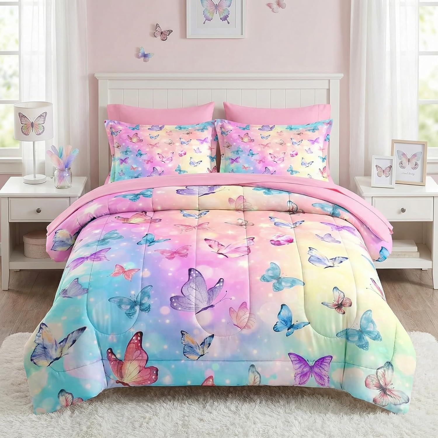 Pamnest Twin Comforter Set for Girls, 5 Pieces Butterfly Bedding Set | Pink Colorful Rainbow Soft Bed in a Bag for Kids with Fitted Sheet Pillowcase & Sham