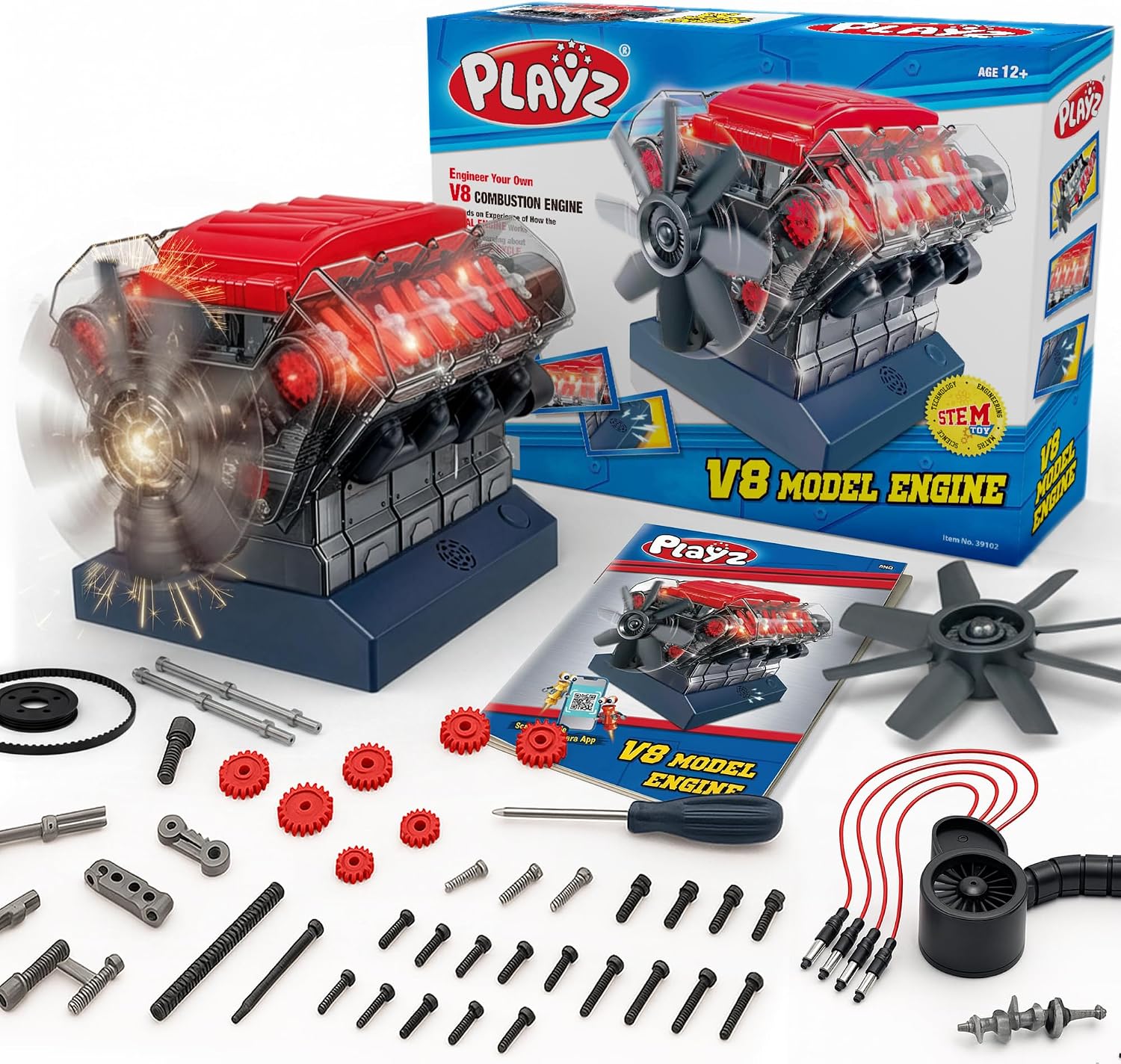 Playz Large V8 Engine Model Kit Build Your Own Mini V8 Engine kit that Runs | for Adults and Kids 8+,Working V8 Engine Building Blocks set DIY STEM kit, Visbile Real Mini Engine Build Kit that Works