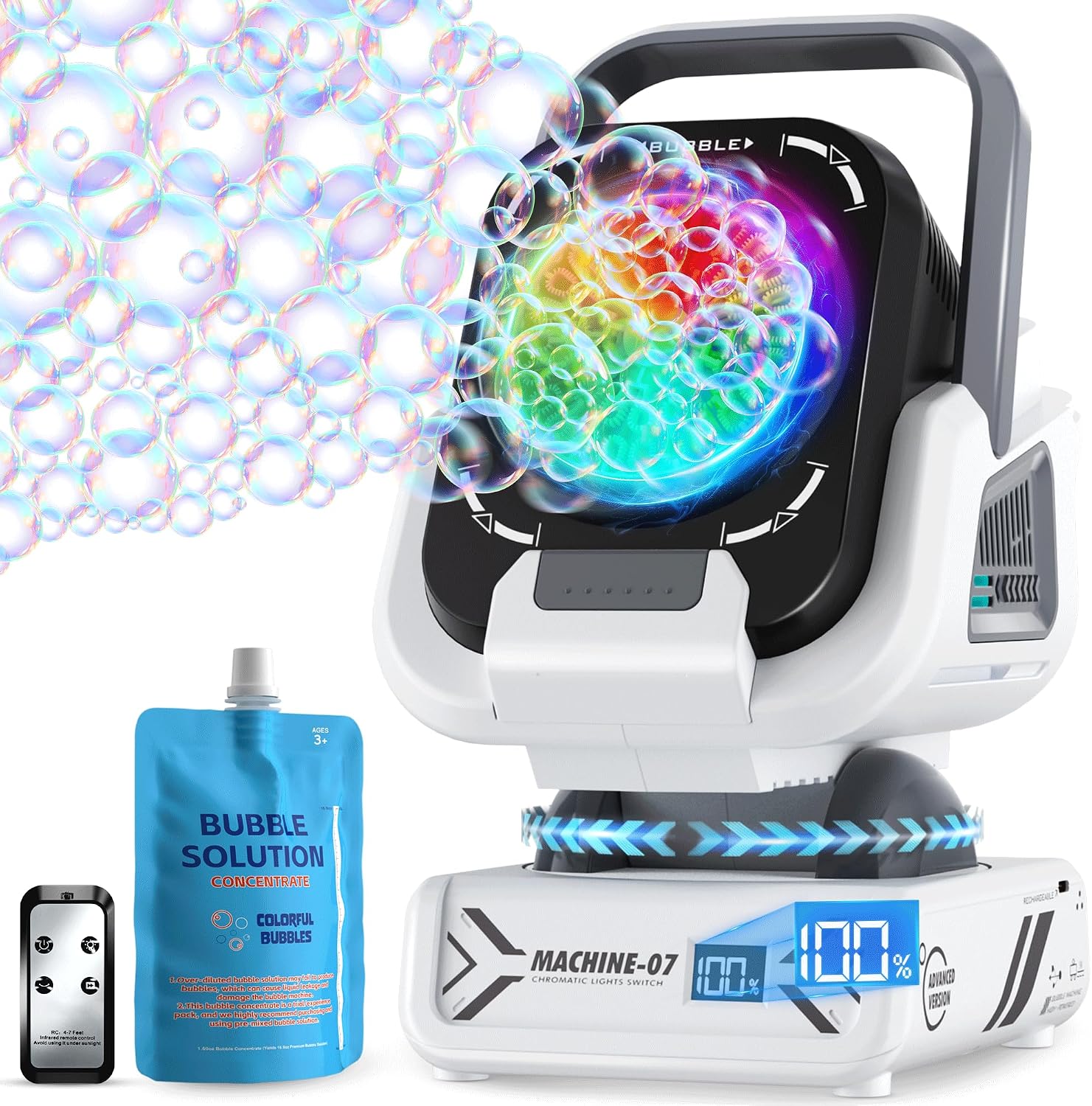 Bubble Machine for Kids, Outdoor Toys for Parties and Weddings | Rechargeable, Remote Control, Automatic Rotation, 7-Color RGB Lights