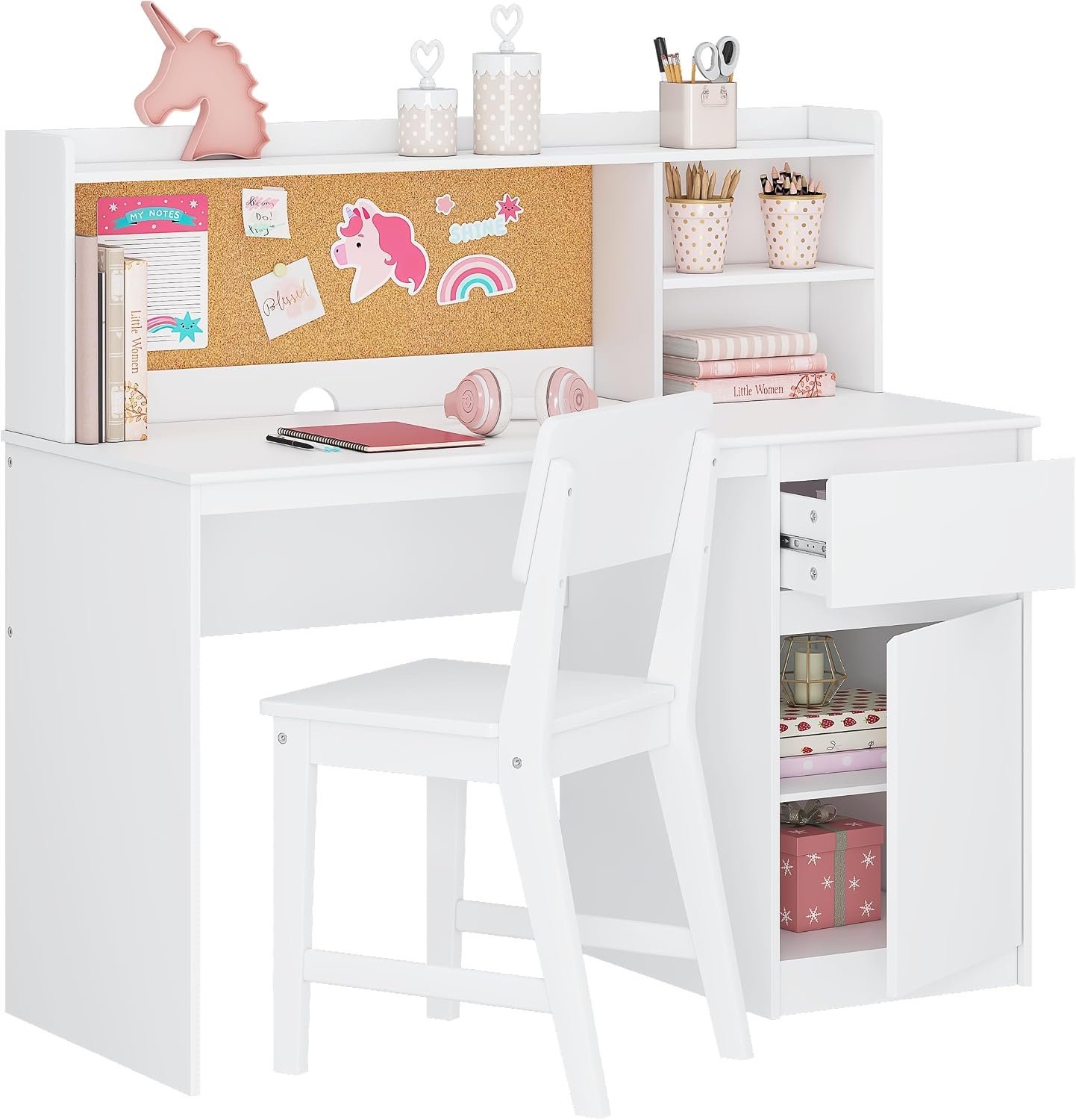 UTEX Wooden Kids Desk and Chair Set with Hutch and Storage for Ages 5-12 | Kids Study Table with Cork Bulletin Board, Ergonomic Chair, Spacious Tabletop, Multi-Zone Storage, Water-based Paint