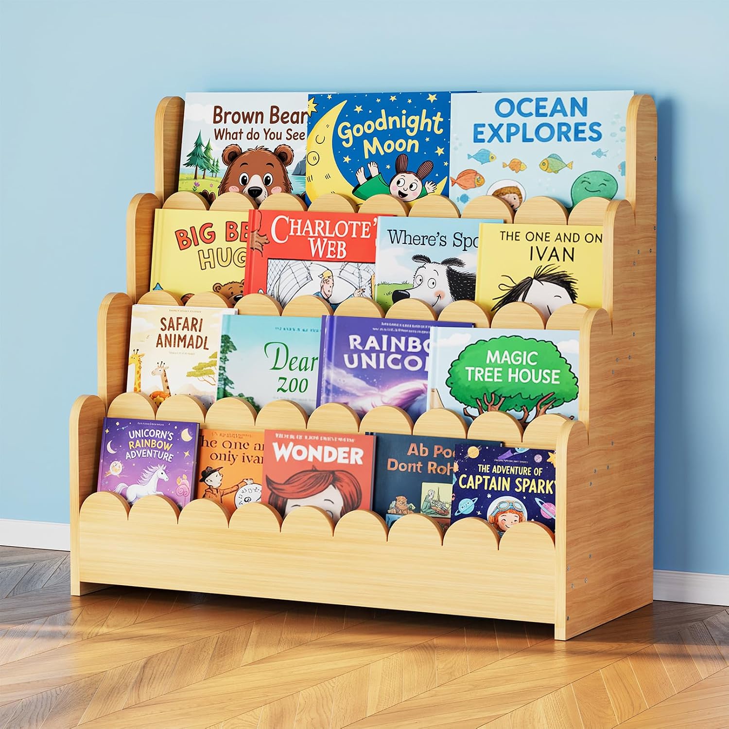 SpaceAid 4-Tier Scalloped Bookshelf, Montessori Bookcase for Toddlers, Wooden Book Shelf Organizer Display Furniture for Kids Rooms, Playroom, Nursery and Classroom, 29.6“ Wide, Natural
