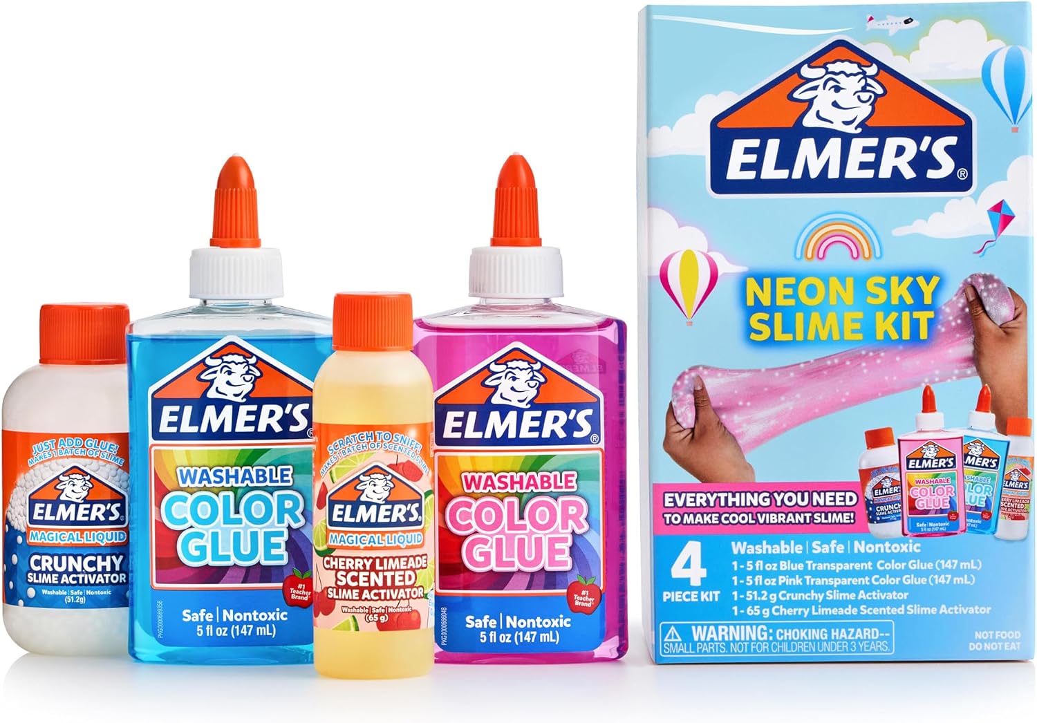 Elmer’s Neon Sky Slime Kit, Includes Transparent Color Liquid Glue, Crunchy and Cherry Limeade Scented Activators, 4 Piece Kit – Arts & Crafts, Birthday Party Gift, Creative Activity