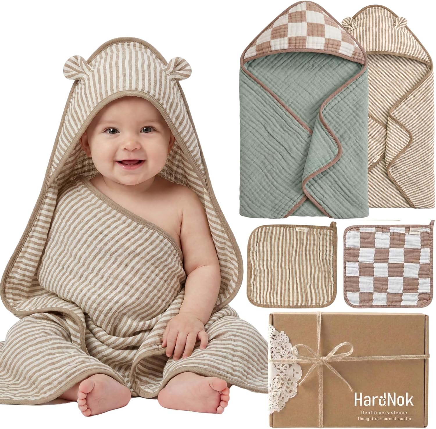Muslin Baby Bath Towels Set Organic Cotton Blend (Earthy Matcha) | 32×32″ Towels & Washcloths, 6-Layer Janquard, Neutral Sage Mix, Infant Beach Essentials, Baby Shower, Curated Gift Box
