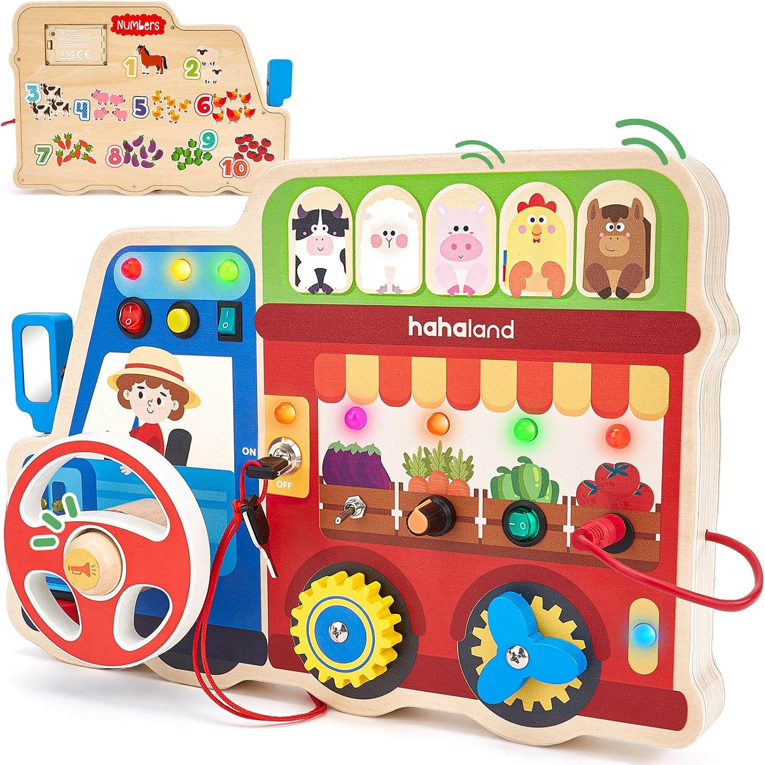 hahaland Montessori Busy Board for Toddlers 3-5, 18-in-1 Wooden Busy Board | Sensory Activity Board with LED Lights & Switches, Educational Montessori Toy for Fine Motor Skills, Kids Gift