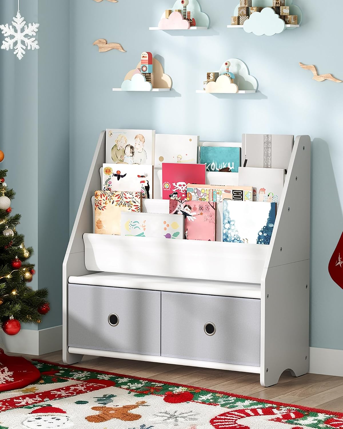 Kids Bookshelf and Toy Storage, 4 Tier Large Capacity Kids Book Rack, Sling Kid Bookcase, for Kids Room, Nursery, Playroom, White and Gray MCW06WT
