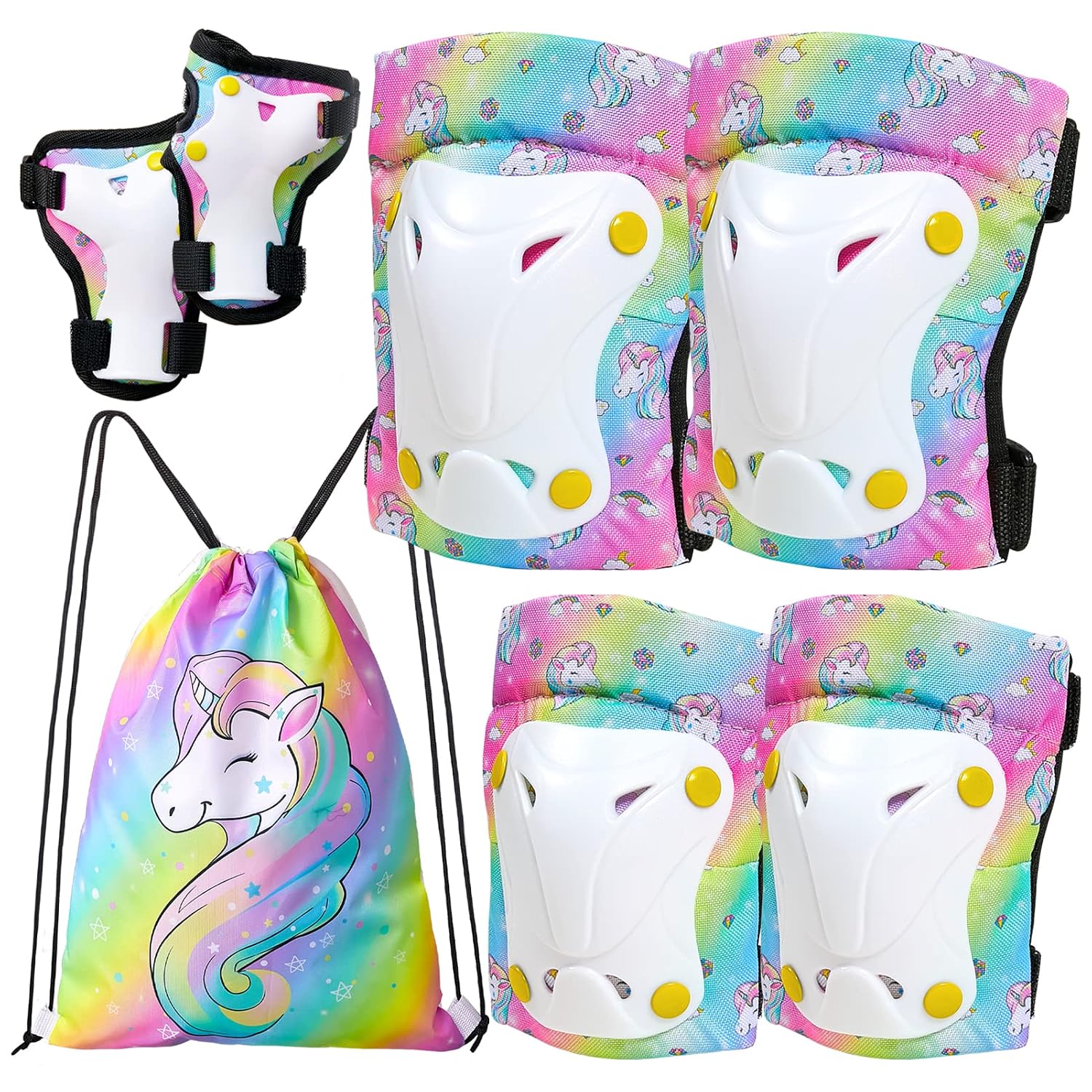 FIODAY Knee Pads for Kids with Drawstring Bag for Girls Boys | Adjustable Toddler Knee Pads and Elbow Pads Wrist Guards Protective Gear Set for Skating Cycling Skateboard Scooter
