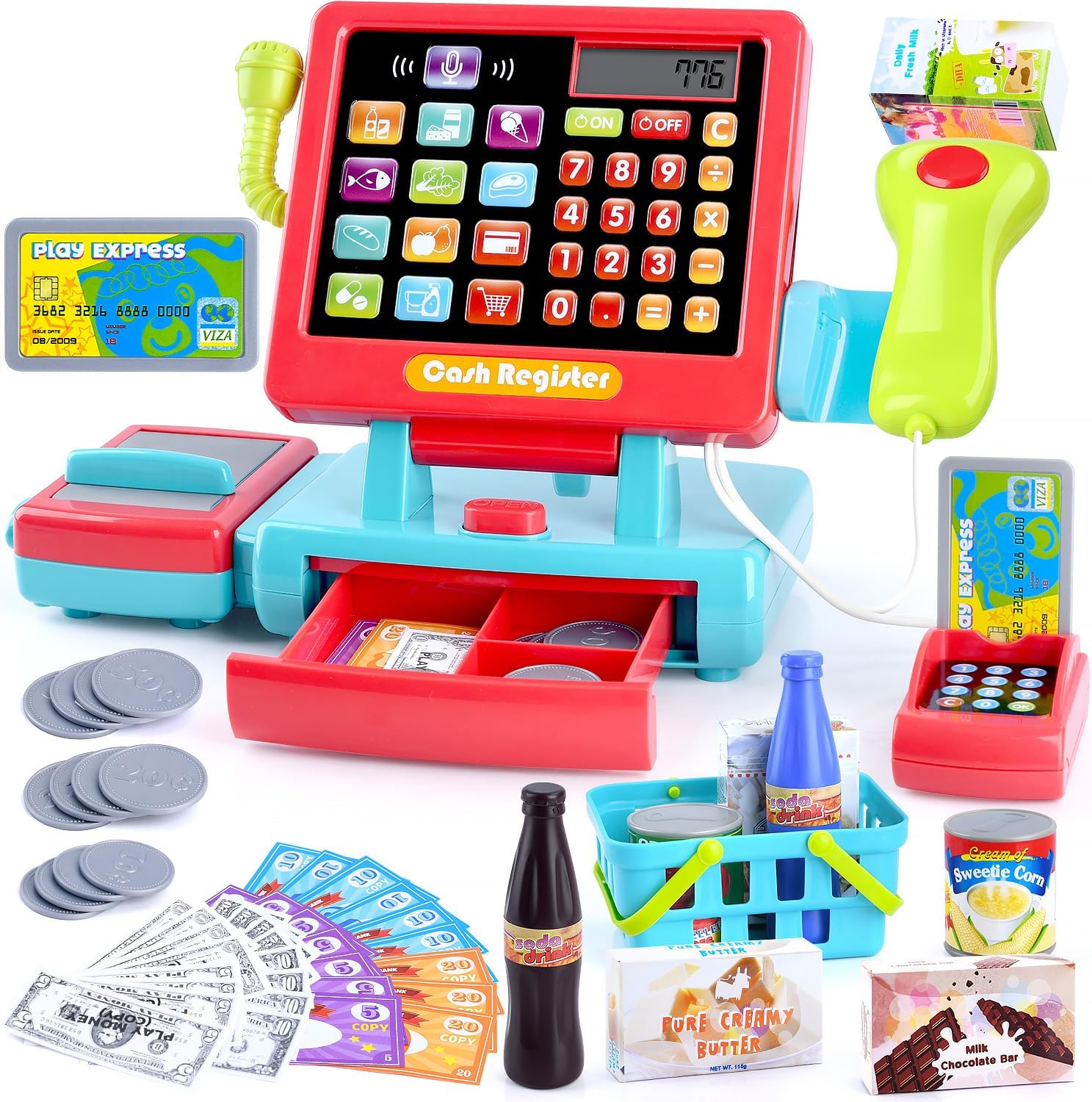 PLAY Kids Cash Register Toy for Pretend Play with Real Calculator (Red) | Supermarket Cash Register for Kids Ages 3+ with Scanner/Microphone/Card/Play Money for Kids to Develops Early Math Skills