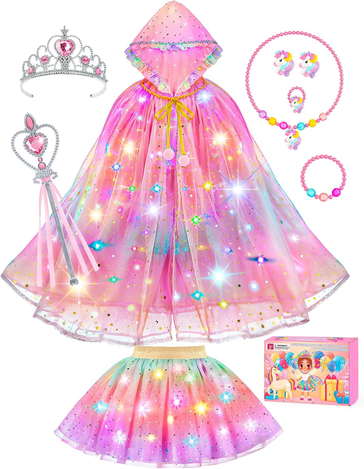 Princess Dress Up for Girls, Unicorn Light up Princess Cape Princess Dress | Costume Crown Gift for Girls 3 4 5 6 DOLNOW