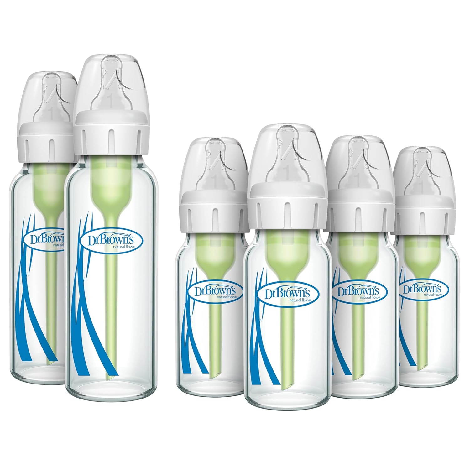 Dr. Brown’s Anti-Colic Options + Narrow Glass Baby Bottle with Level 1 Slow Flow Nipple, BPA-Free, 0m+, 4 oz/120mL, 4-Pack + 8oz/250mL, 2-Pack