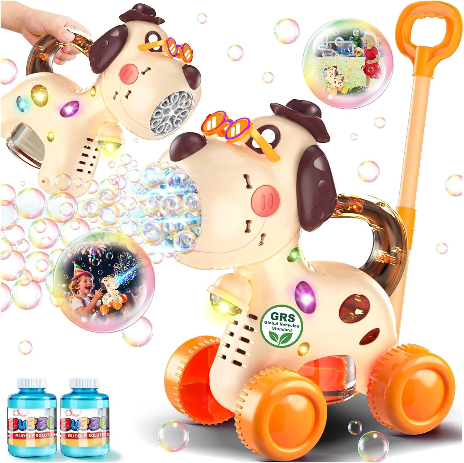 2-in-1 Bubble Machine for Toddlers: 45-Min Push or Hold Playtime | Rechargeable with LED Lights & 15000+ BPM – 2 Play Modes 3-Year Growth Companion – Easy for 18-36 Month Toddlers to use