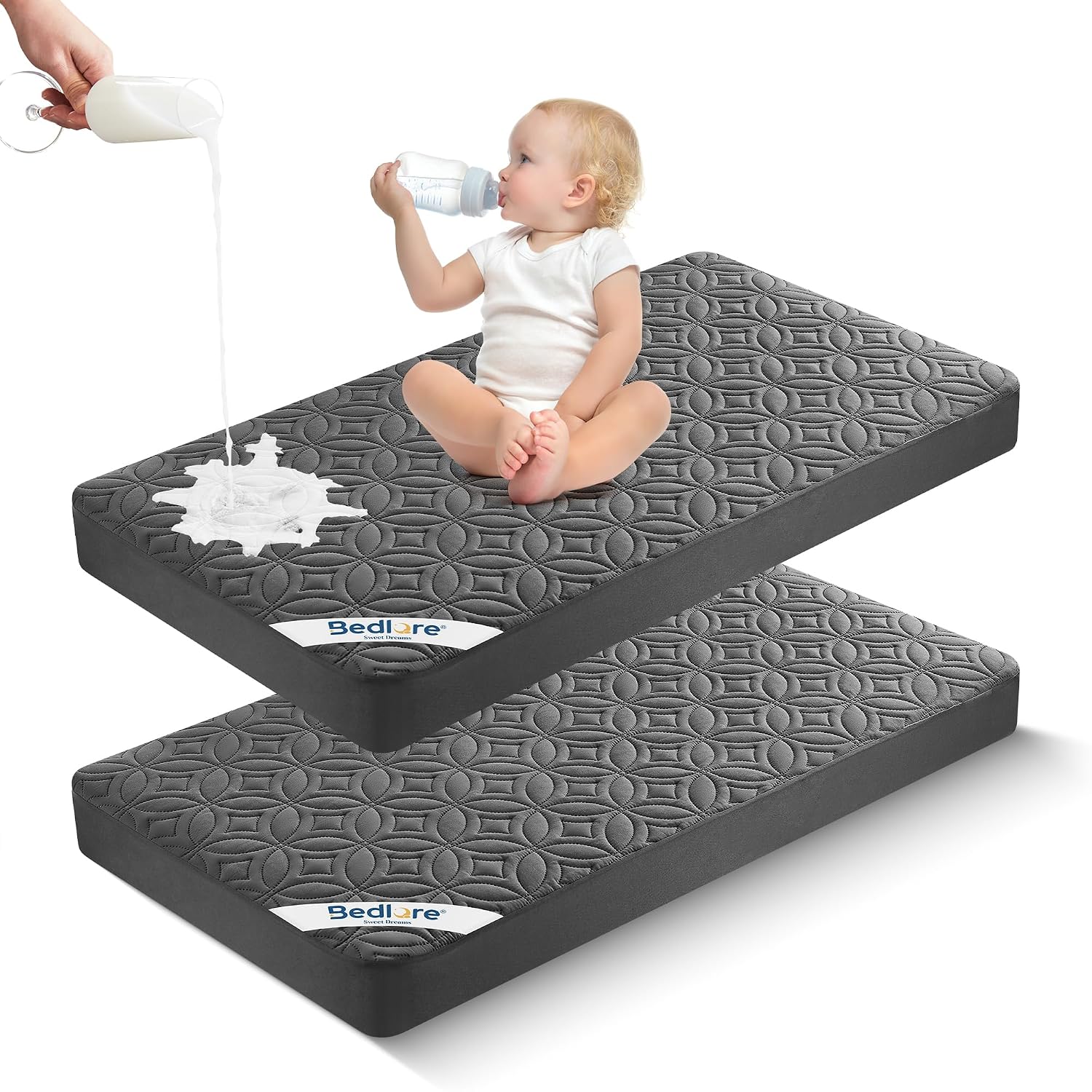 BEDLORE Waterproof Crib Mattress Protector 2 Pack for Standard Toddler Bed | Gray, 52”X28”, Breathable Crib Mattress Cover, Machine Washable, Noiseless Baby Toddler Bed Mattress Protector