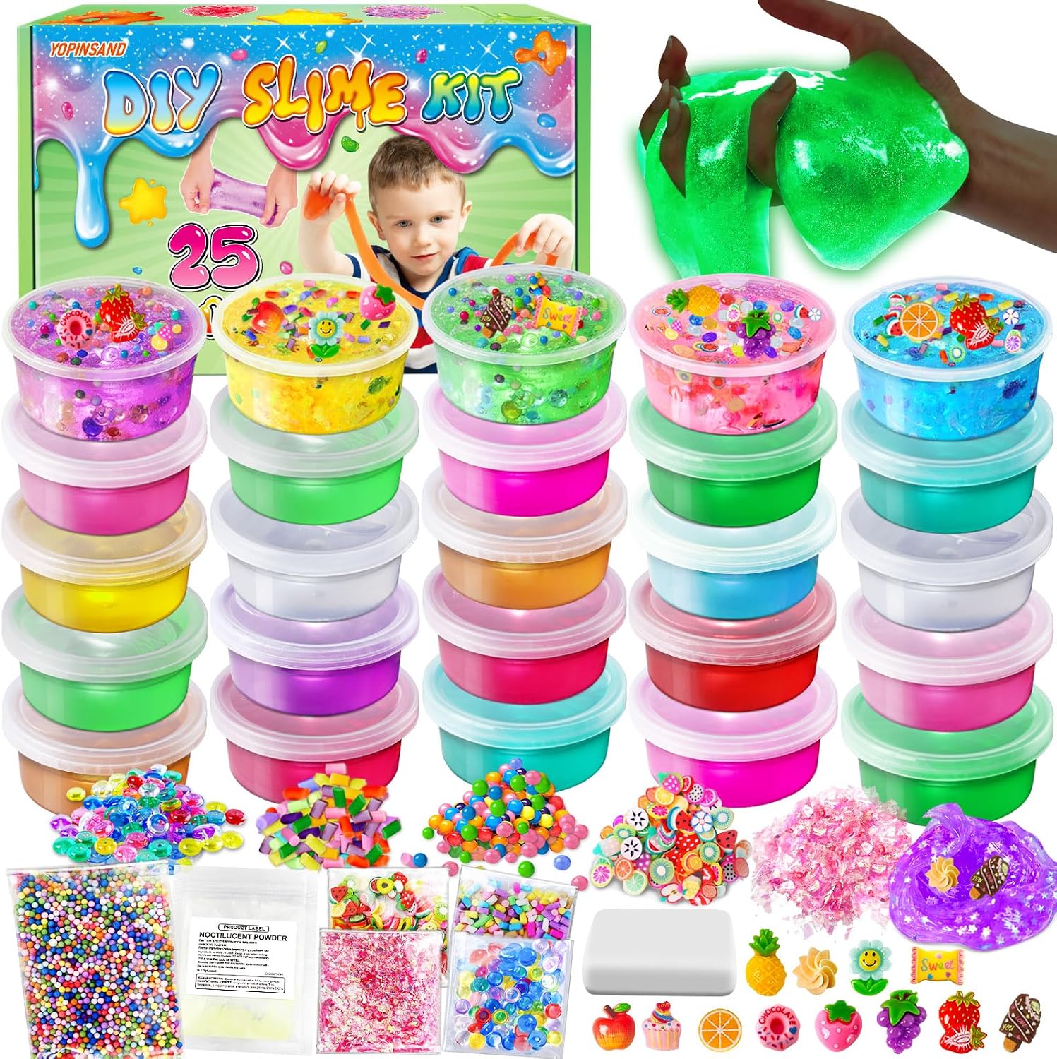 25 Cups DIY Slime Kit, Slime Making Kit for Girls, Premade Clear Slime | Glow in The Dark Slime with Add-ins, Charms, Slime Party Favors Gift Toys for Kids 3-12