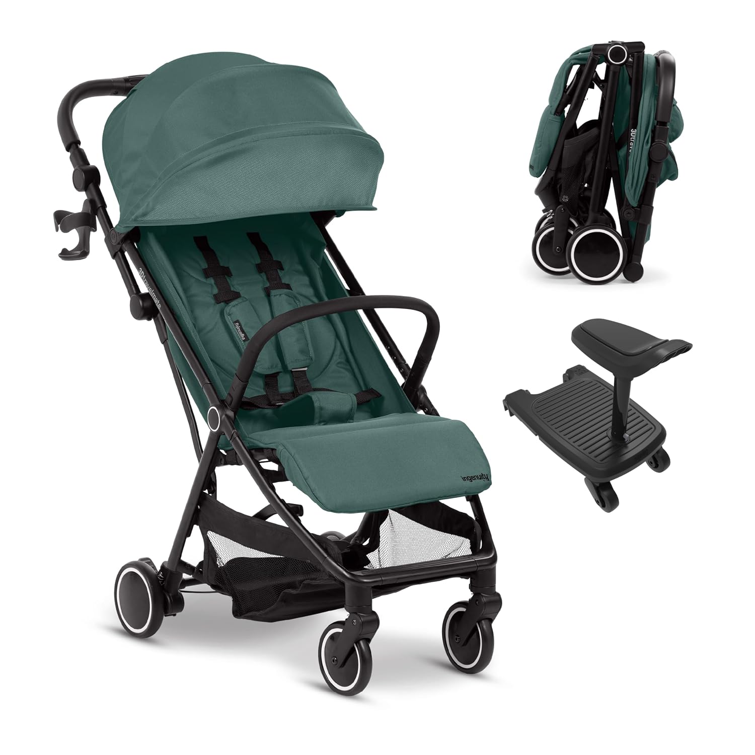 Ingenuity 3D Travelmate Pro Lightweight Travel Stroller with Fold-Away Ride-On Board for Toddlers, Airplane Overhead Bin Compatible, Car Seat Ready, One-Hand Fold