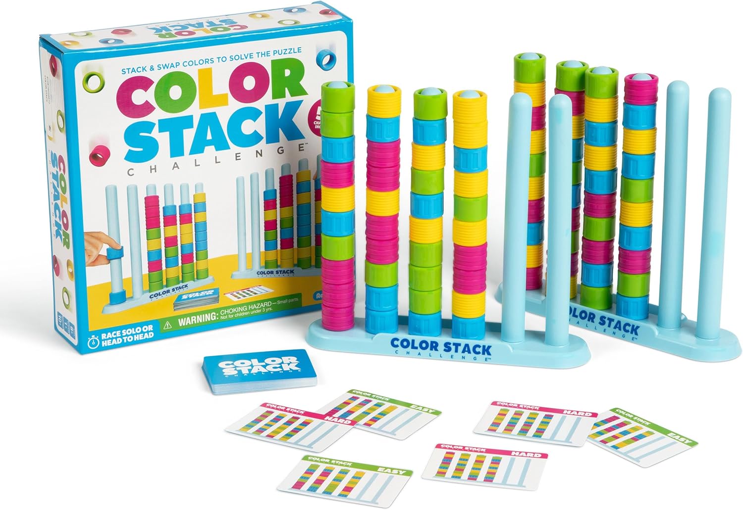 Color Stack Challenge by Relatable – A Fast-Paced Color Matching Puzzle Game for Fun Parties and Family Game Night. Includes 2 Stack Racks, 50 Challenge Cards, 80 Rings & Instructions