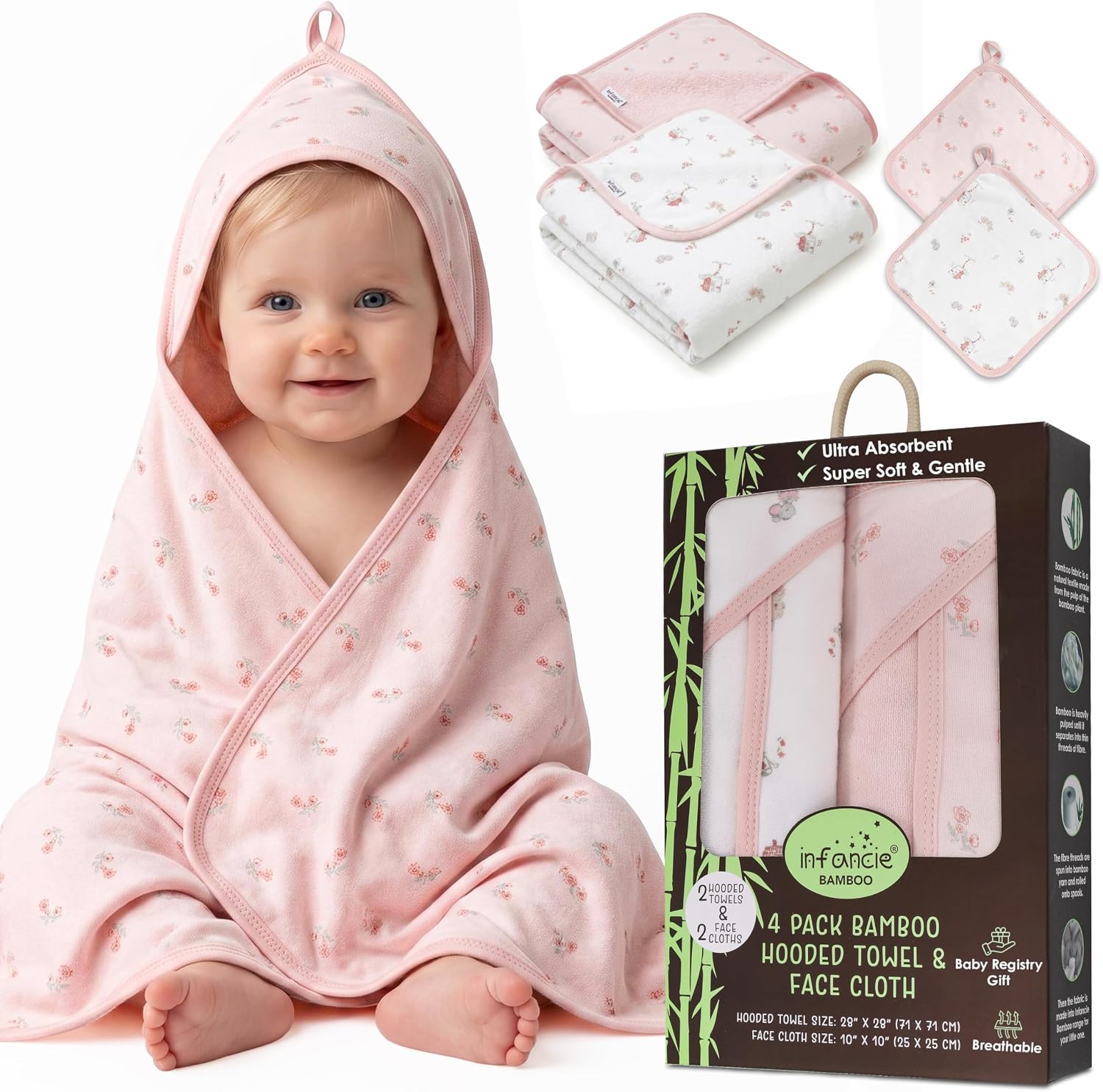 Bamboo Viscose Rich 2 Hooded Baby Towels & 2 Washcloths | Oeko-TEX Certified, Bath & Hooded Towels, Bath Towel, Baby Washcloth, Floral & Blush Pink, Unisex Design, Soft plush feel