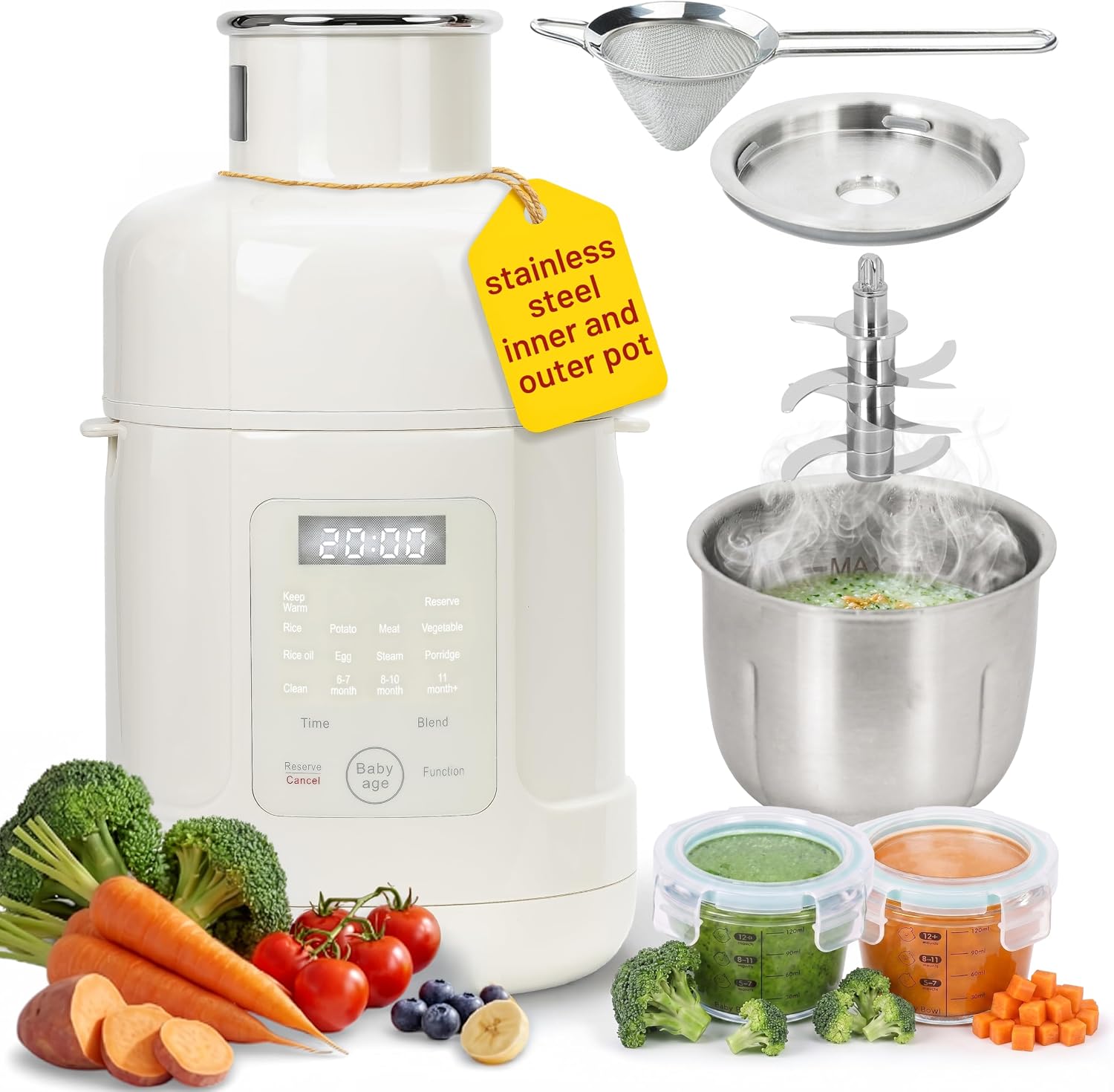 Stainless Steel Baby Food Maker Steamer And Blender With Strainer & 2 Jars | Stainless Steel Inner and Outer Bowl, Auto Cooking & Blending, Preset Functions, Touch Screen Control