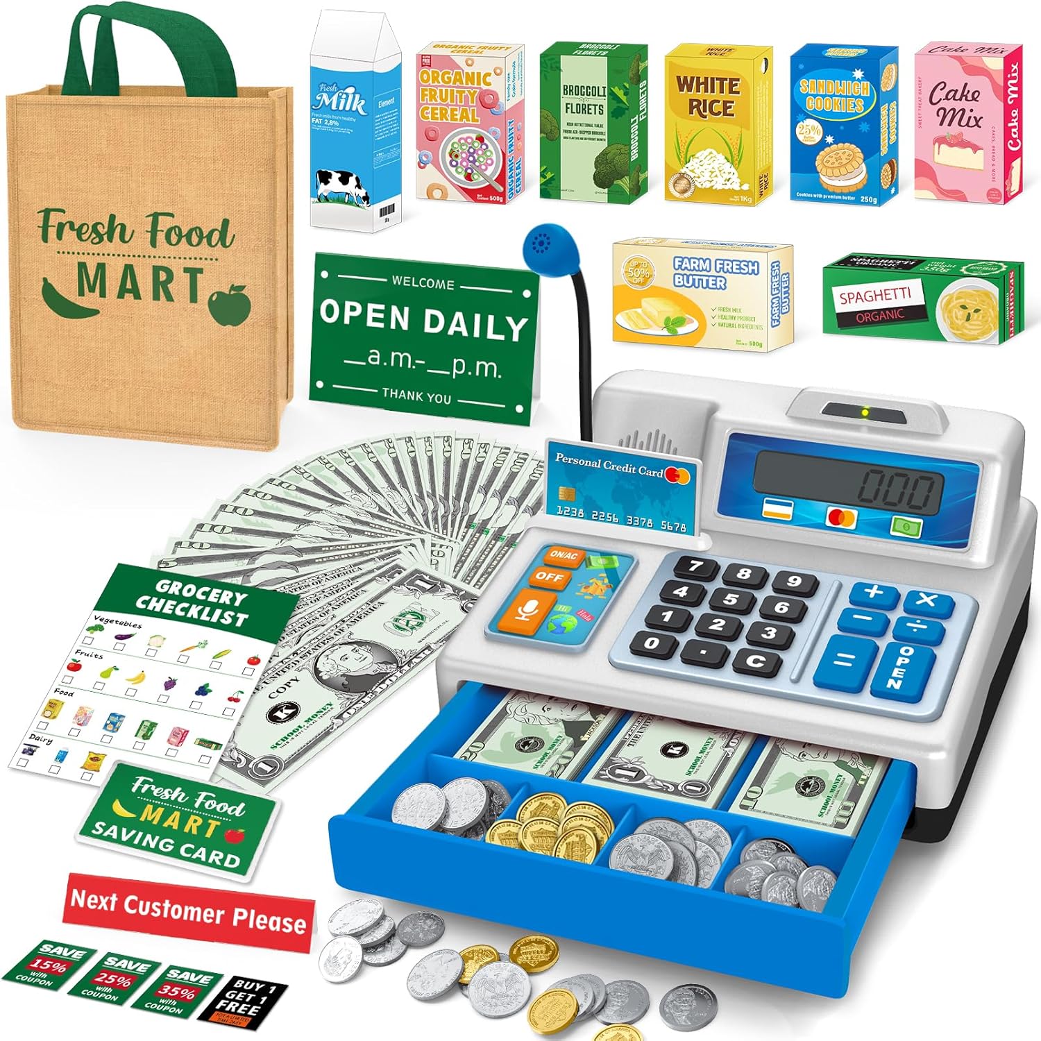 Cash Register Toy for Kids, 120 Pcs Grocery Store Playset with Credit Card, Grocery Boxes, Microphone, Calculator Cash Register Toy Gift for Toddlers, Grey