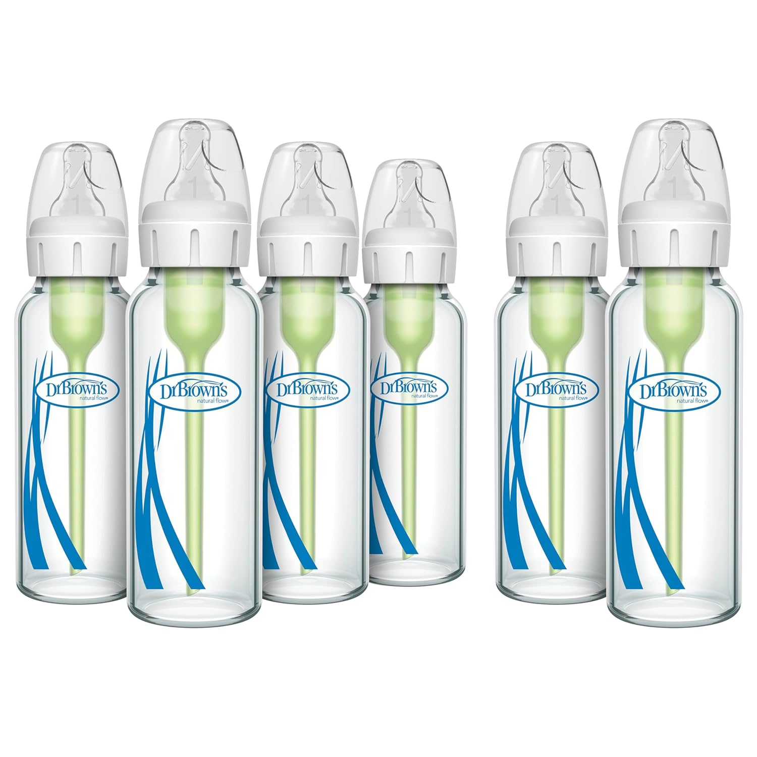 Dr. Brown’s Anti-Colic Options+ Narrow Glass Baby Bottle, 8 oz/250 mL, with Level 1 Slow Flow Nipple, 2-Pack and 4-Pack, 0m+