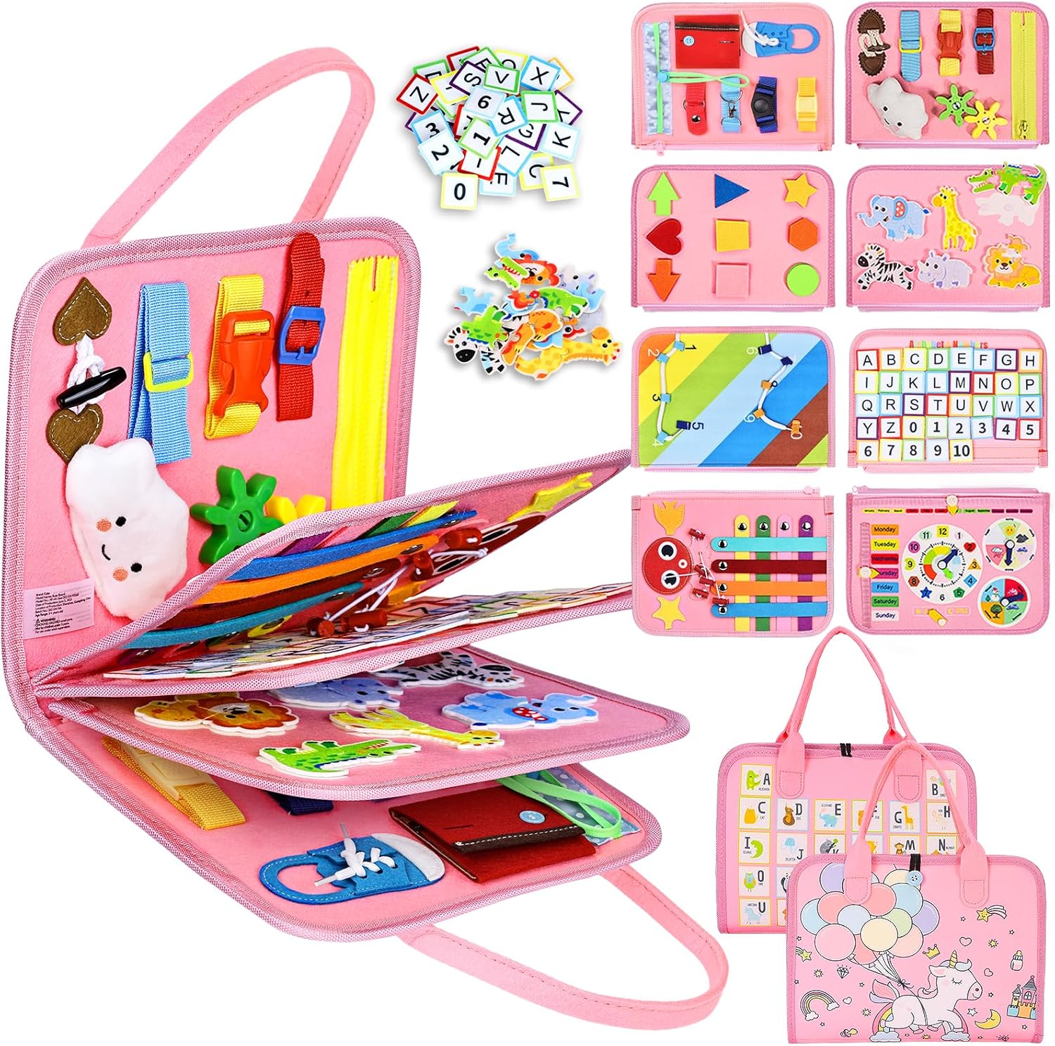 Esjay Busy Board Montessori Toys for Girls, Sensory Book Educational Activities for Learning Fine Motor Skills, Birthday Gifts for Girls, Travel Toys for Airplane Car, Pink Multipages