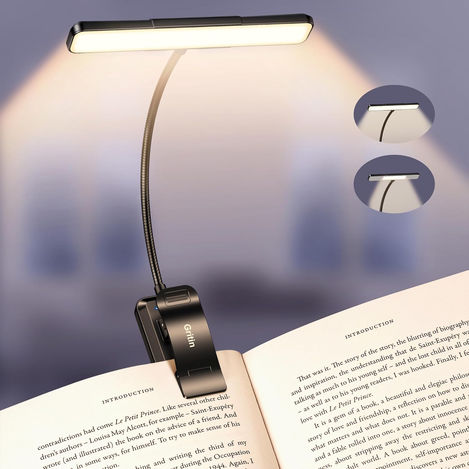 Gritin 2026 Gen 2 Book Light for Reading- 32 Eye Caring Full Spectrum LED | 5 Colors & 5 Brightness, Adjustable Wide/Narrow Beam, Upgrade 1500mAh Long-Lasting Rechargeable Clip on Light for Book Lovers