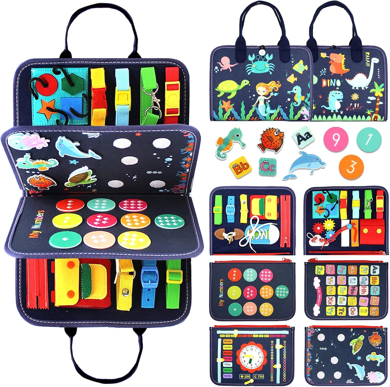 Montessori Busy Board & Busy Book for Toddlers – Sensory & Learning Toy that Keeps Kids Busy, Travel Toy for Airplane & Car, Screen for Boys & Girls (Blue/P4)