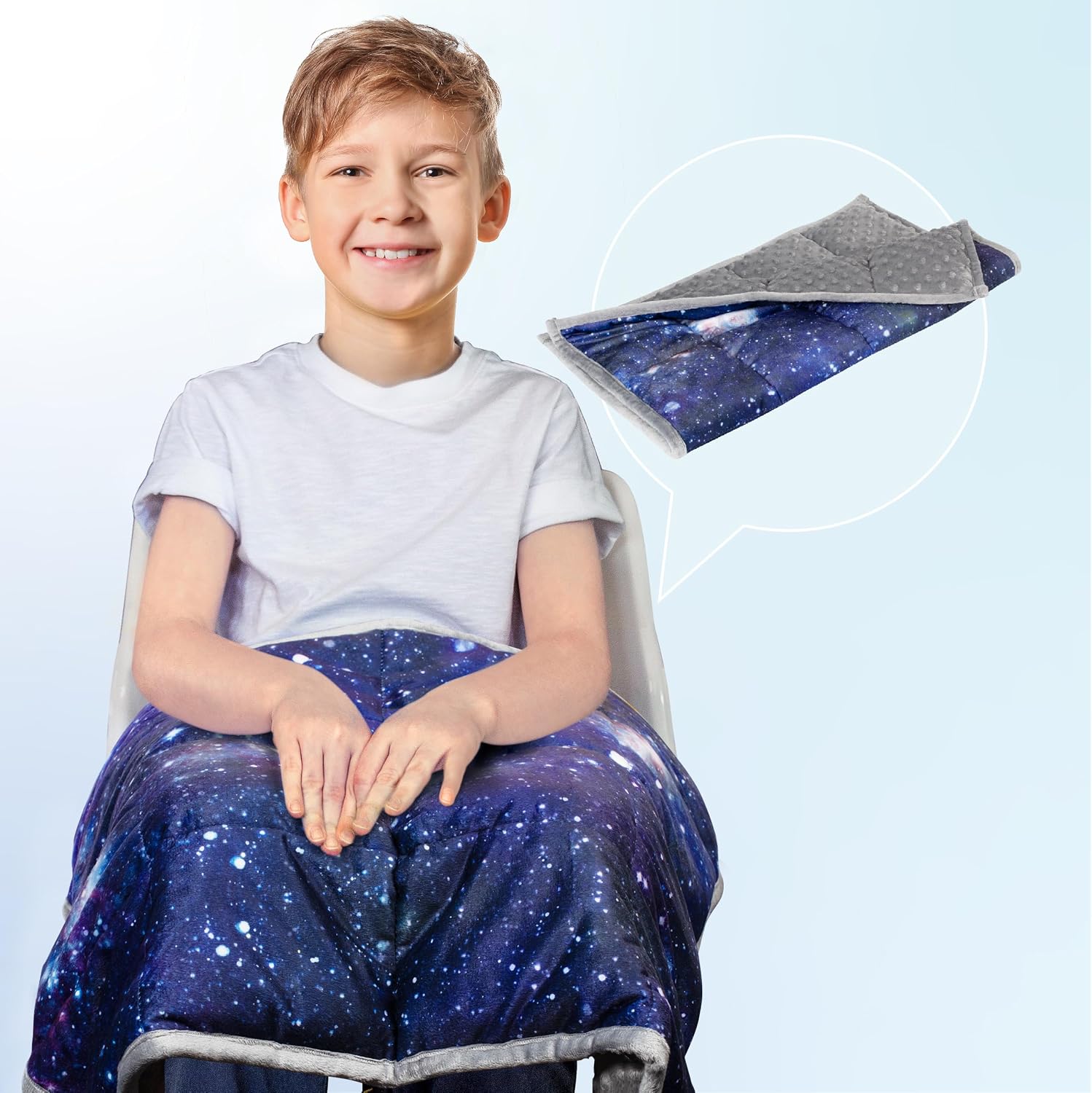 5lbs Small Weighted Lap Pad Blanket Throw for Kids Boys Teens 20in x 23in – Sleep Therapy Plush Travel Size with Glass Beads, Dark Blue Universe Galaxy