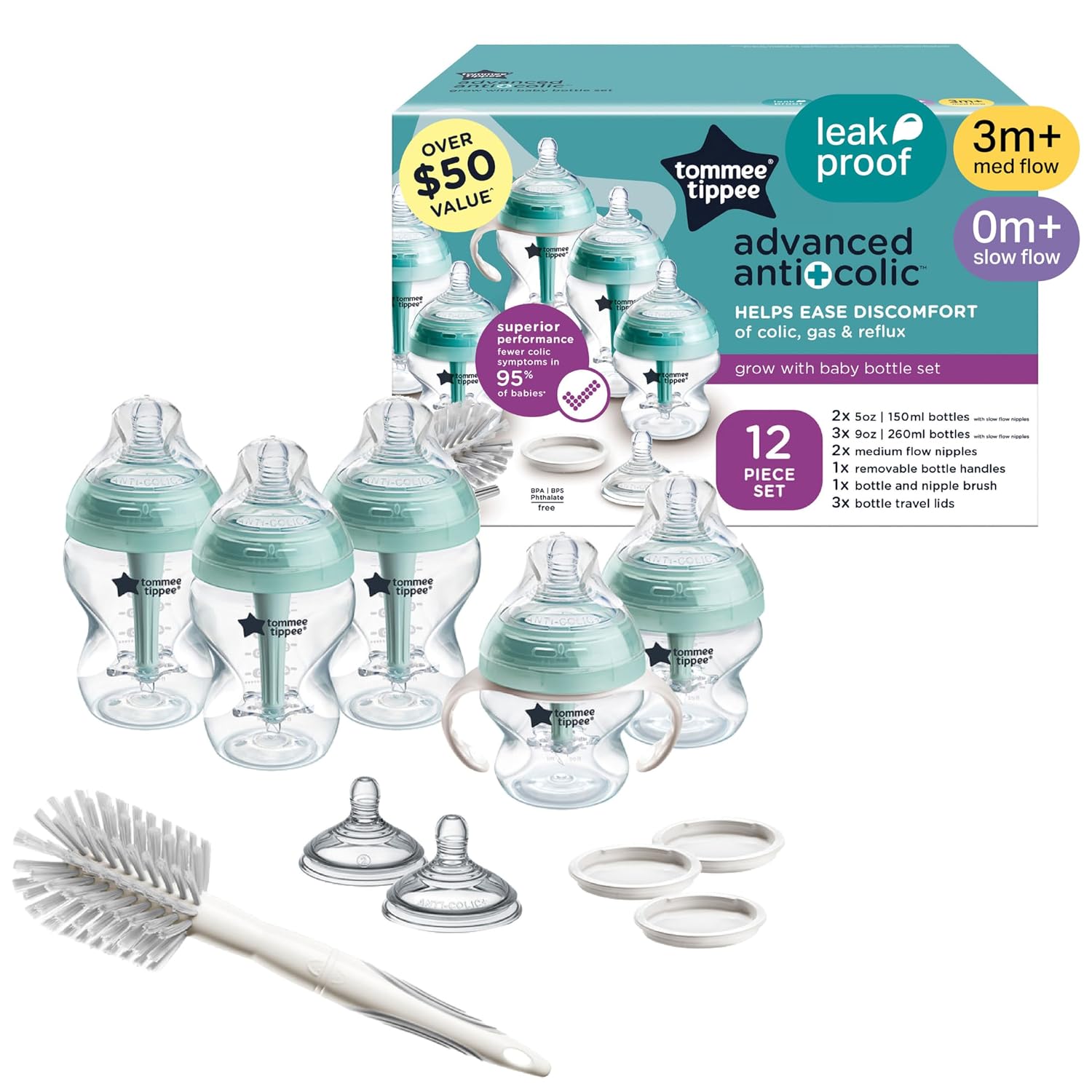 Tommee Tippee Advanced Anti-Colic Baby Bottle Set, Newborn 0m+ | 12 Pieces, 5oz & 9oz BPA Free Bottles, Slow & Medium Flow Breast-Like Nipples, Bottle Handles, Cleaning Brush