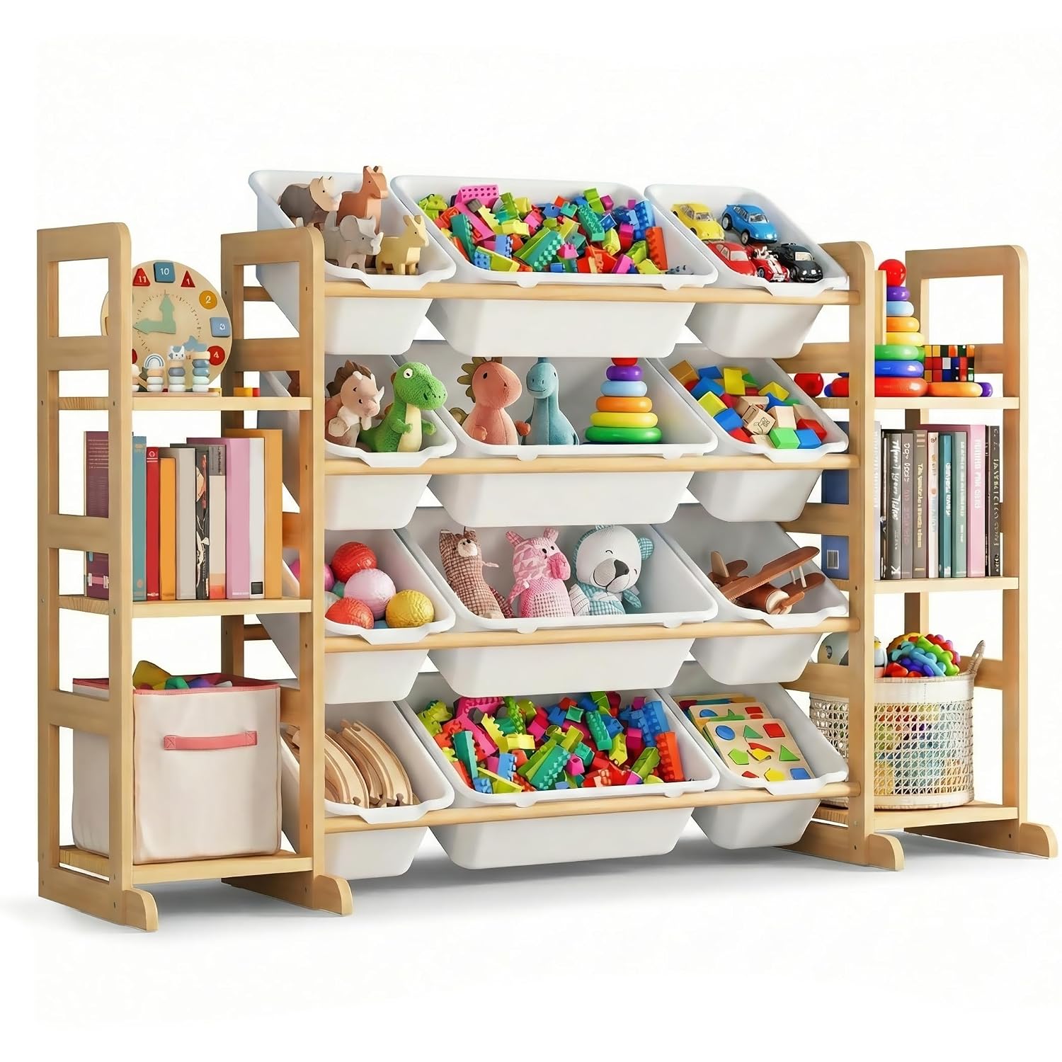 Kiddocood Kids Toy Storage Organizer with 12 Bins, 100% Solid Wood – Natural Finish Montessori Toy Organizer, BPA Free, CPC & TIC Certified Playroom Organization for Living Room & Nursery, 52.3″