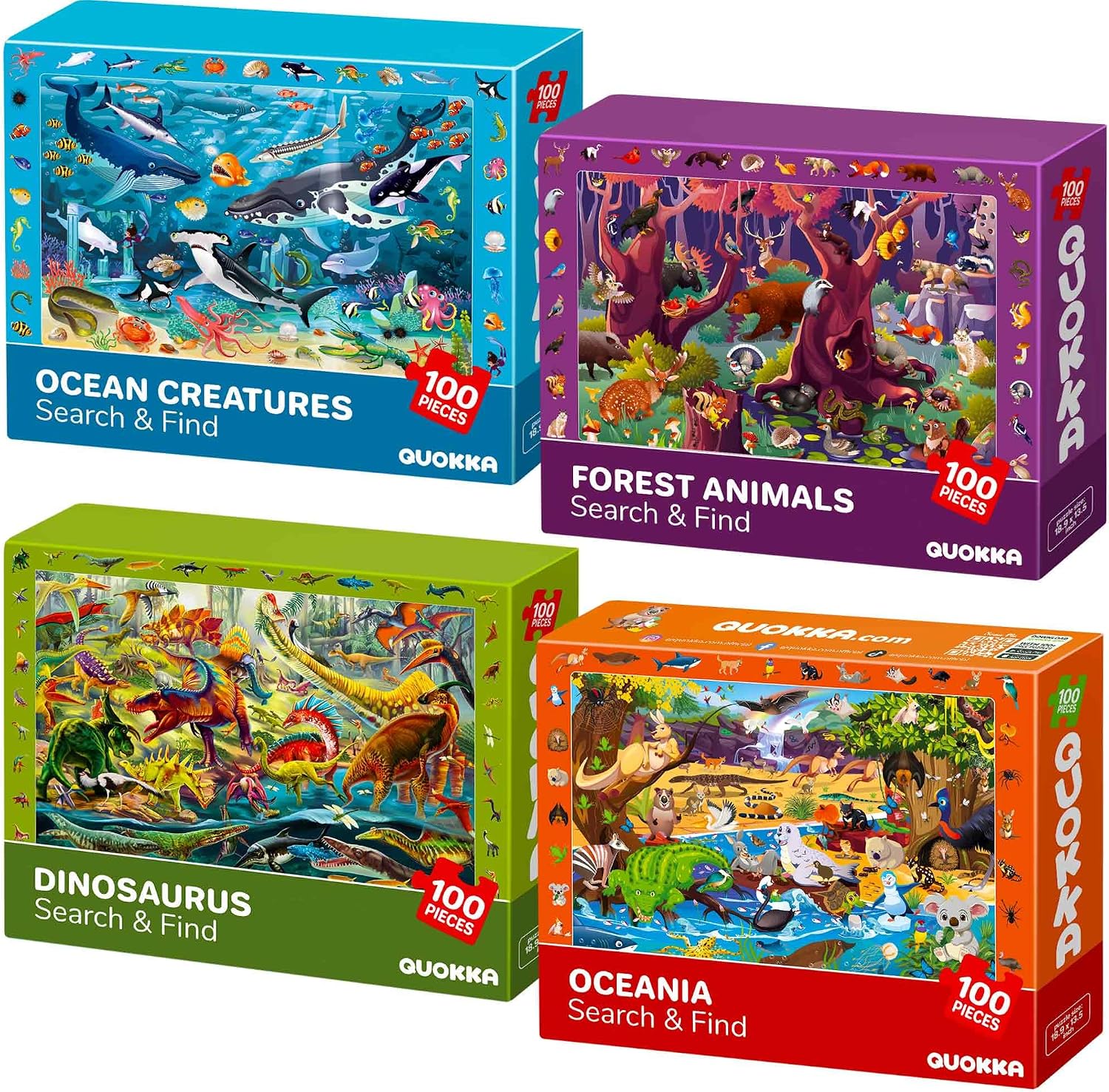100 Piece Puzzles for Kids Ages 6-8 – 4 Jigsaw Kids Puzzles Ages 4-6 | Search and Find Educational Puzzles for Kids Ages 8-10 with Animals and Dinosaurs – Learning Kids Puzzles Ages 5-8