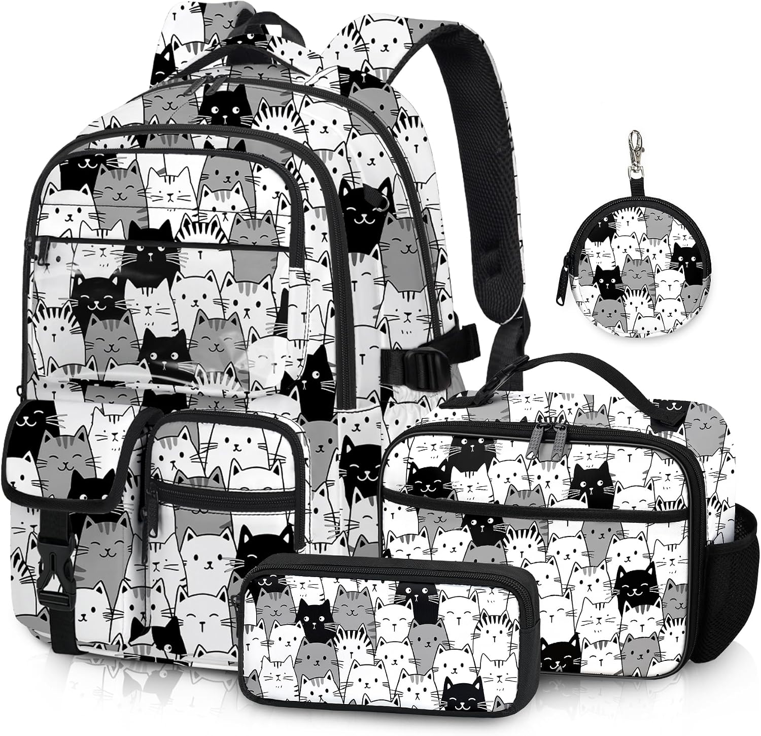 Cat Backpack for School, 4 PCS Girls Backpack with Lunch Box | Cute kitten Backpack for Girls, Large Capacity Back to School Bookbag for Kids Teens Elementary 17 in Black and white
