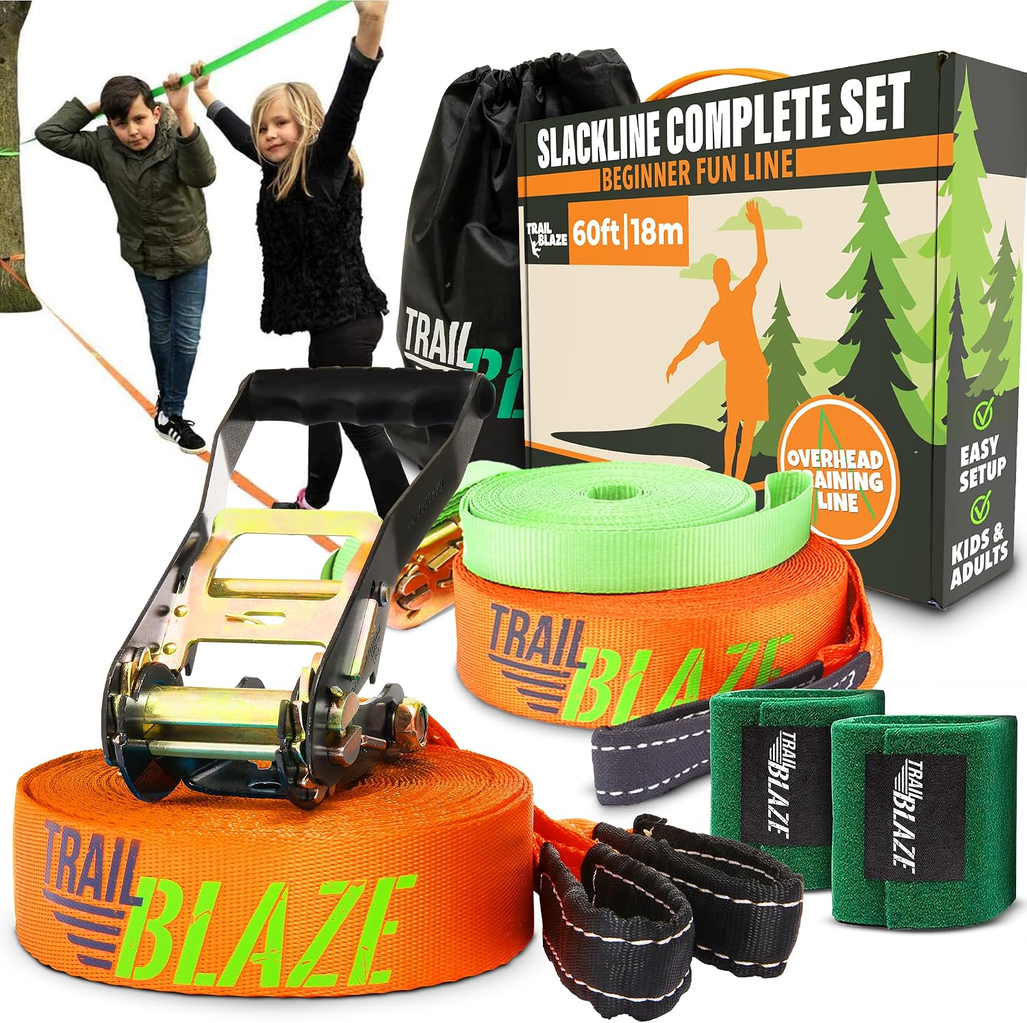 Complete Slackline Kit for Kids & Adults – 60ft Ninja Line (Orange) | 300 lb Capacity with Arm Training Line, Wider Tree Protectors, Ratchets and Durable Carry Bag – All-in-1 Parkour Equipment
