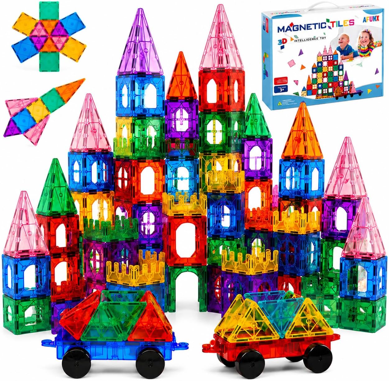 AFUNX 102PCS Magnetic Tiles for Kids,Strong Magnets,3D Clear STEM Toys | Endless Building Possibilities,Discover Magic of Magnets Through Play,Safe ABS and Smooth Edges,with Magical Light and Shadow