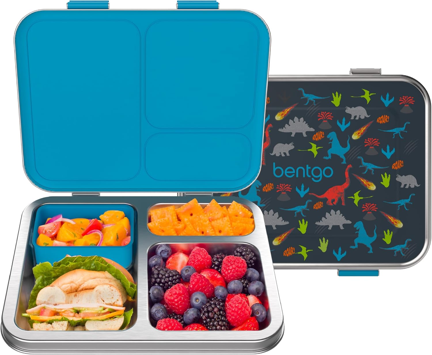 Bentgo Kids Prints Stainless Steel Leak-Resistant 3-Compartment Lunch Box | For Kids 3+, Bonus Silicone Container, Durable, Odor-Free, Dishwasher-Safe, PFAS- & BPA-Free (Dinosaur)