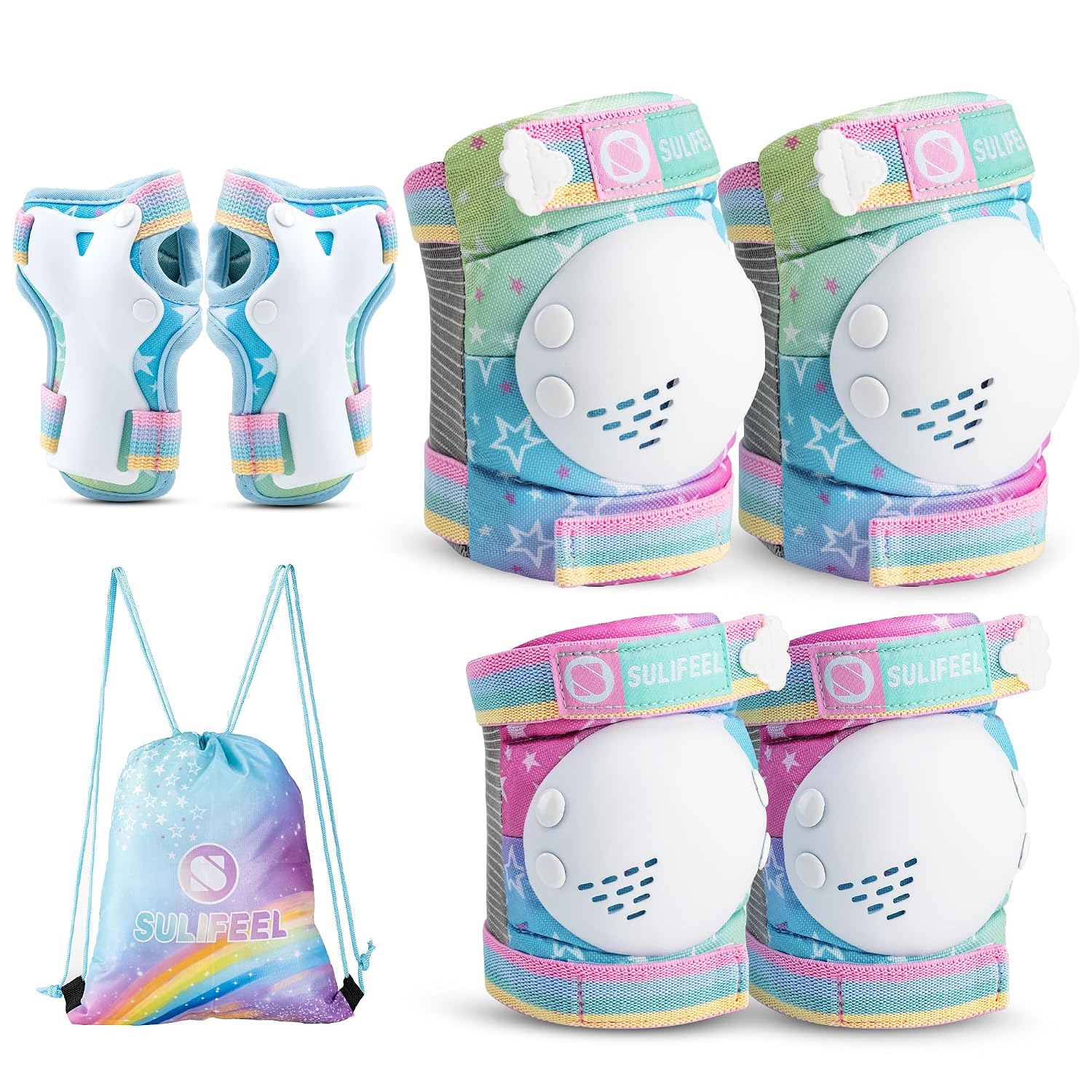 Rainbow Unicorn Knee Pads for Kids Knee Elbow Pads Wrist Guards with Drawstring Bag Adjustable Protective Gear Set for Girls Boys Roller Skating Bike Scooter Gradient Colors Small