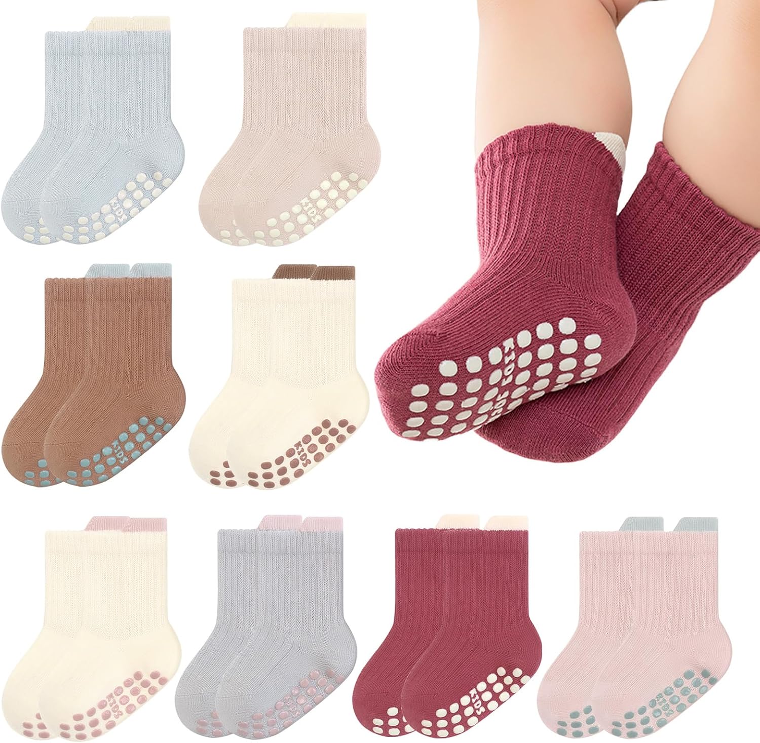 8 Pairs Baby Toddler Socks Non-Slip Grip Socks for Boys Girls Newborn Infant Baby Cotton Crew Sock with Grips 0-5T
