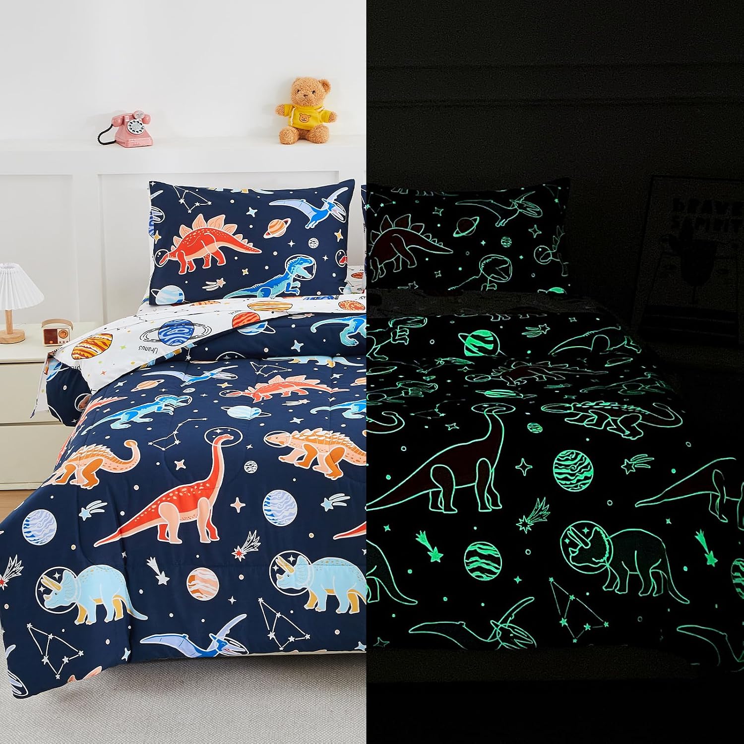 A Nice Night 5pc Glow in The Dark Dinosaur Kids Twin Comforter Sets | Space Galaxy Printed , Bed In A Bag Bedding Set With Sheet Sets , For Boys Girls Teen Room Decor,All Seasons,Ultra Soft