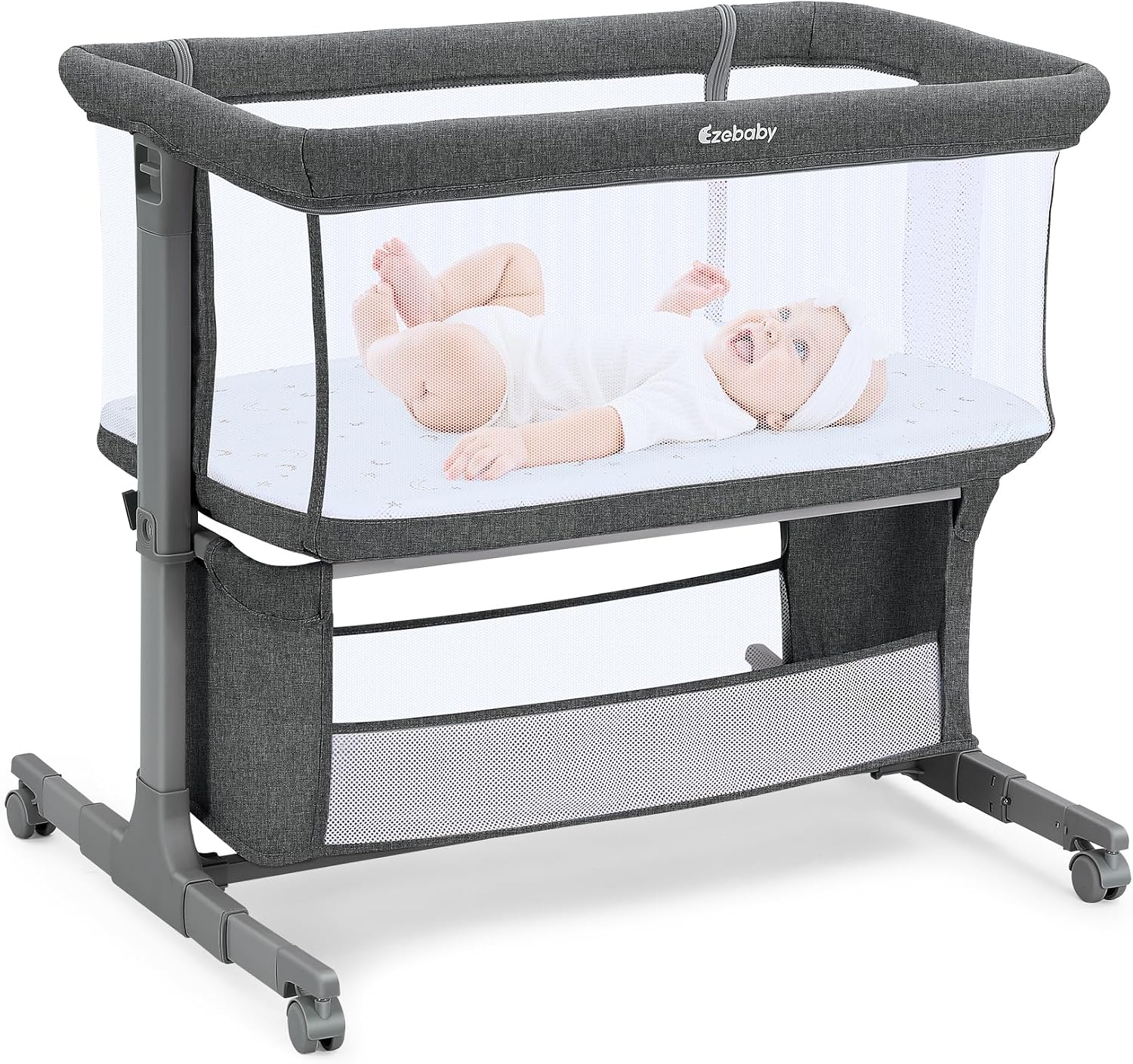 Ezebaby Bedside Bassinet for Baby, Portable Baby Bassinet Bedside Sleeper | Adjustable 7 Heights and All Mesh Sides, Lockable Wheels, Large Storage Basket, Bedside Crib for Newborn Infants, Deep Gray