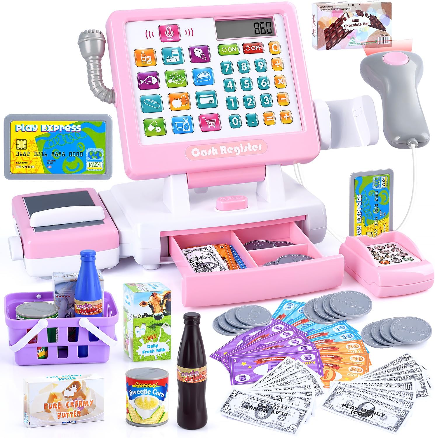 PLAY Kids Cash Register Toy for Pretend Play with Calculator & Microphone | Cash Register for Kids with Scanner/Conveyors/Play Money/Credit Card/Drink Develops Early Math Skills Learning Toys, Pink