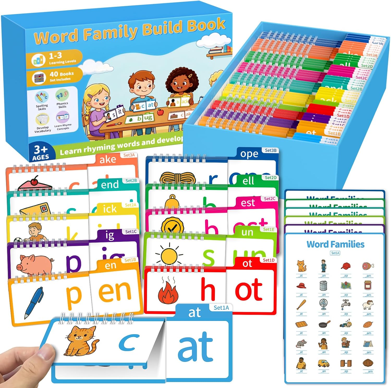 Phonics Flash Cards & Word Family Build Book Fun Kids Flip Books | 40 Phonics Flip Books & 6 review sheets help kids 3-5 master CVC words, word families & decoding via interactive play