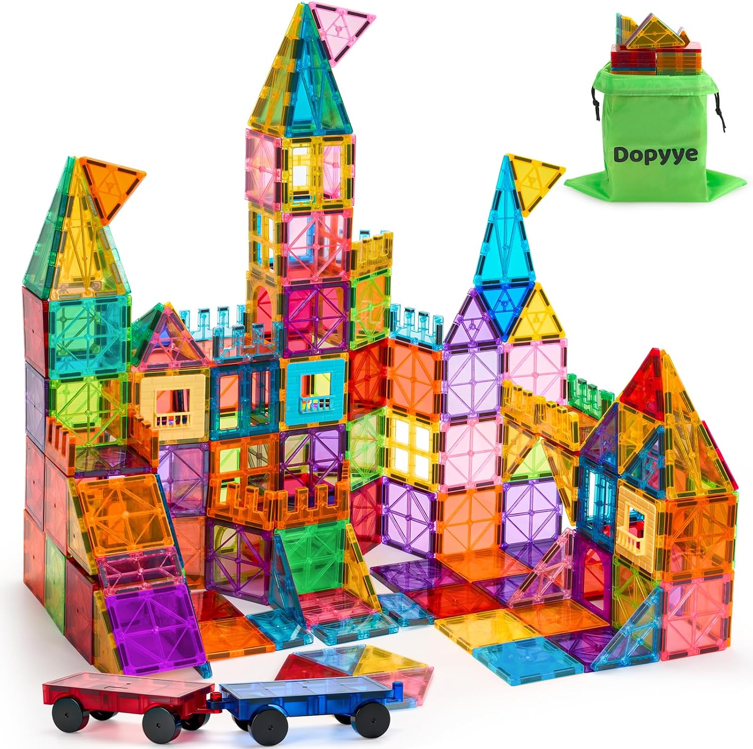 Dopyye 132 PCS Magnetic Tiles Building Blocks with 2 Cars | STEM Educational Construction Montessori Toys for Kids Ages 3 4 5 6 7 8 9, Magnet Building Set Gift for Boys Girls