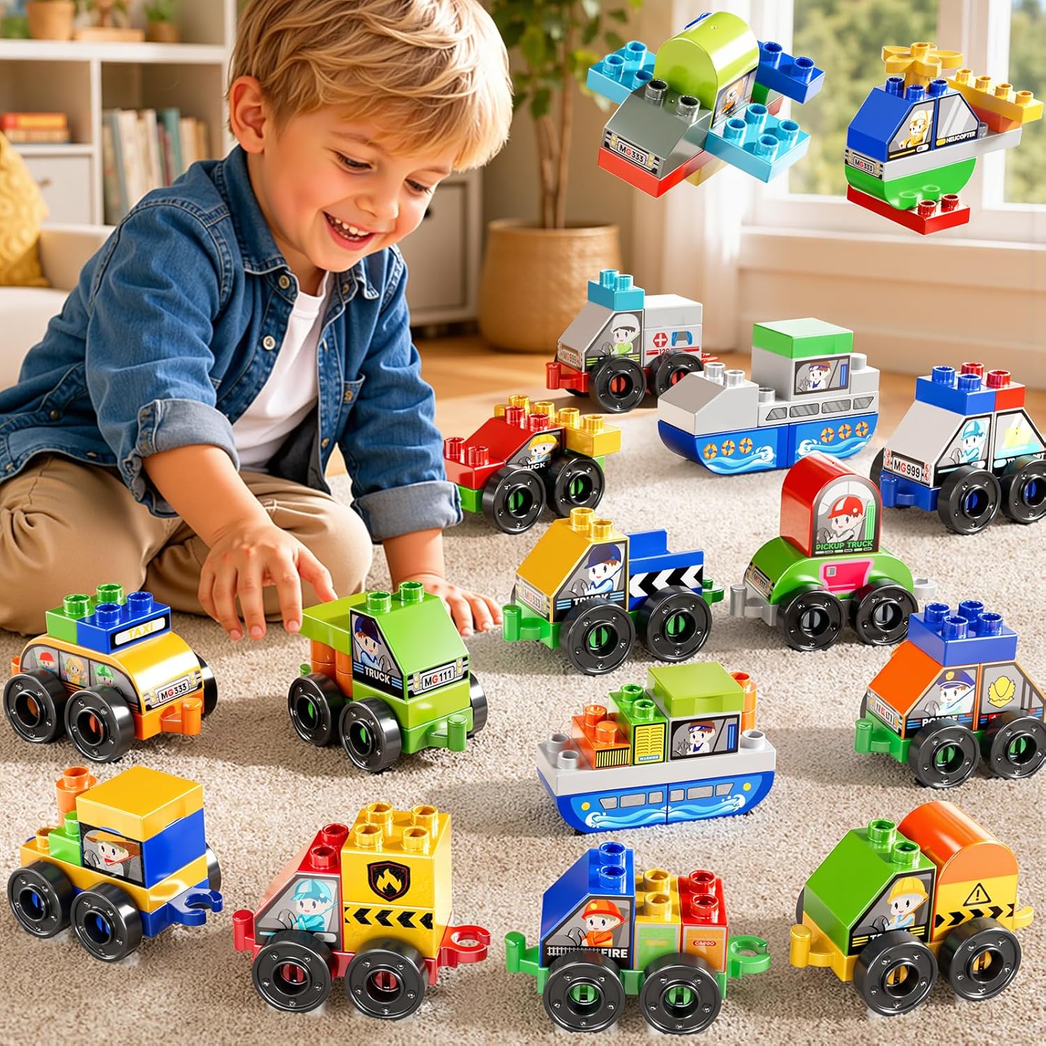 Toddlers Car Building Blocks Set, 16Pcs Different Vehicles, Build Your Own Toy Cars, STEM Learning Toy for Ages 3-5, Gifts Toys for 3 4 5 4 7 8 Year Old Boys Girls