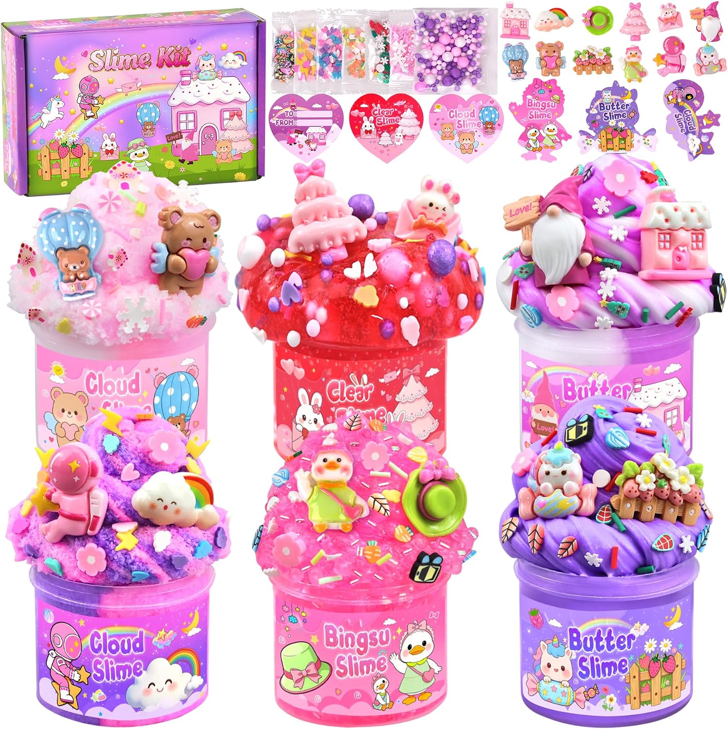 LAWOHO 6 Pack Pink Slimes, Clear Butter Cloud Slime Kit for Girls Ages 8-12, Non-Stick Kids Slime Party Favors Toys with Cute Add-Ins, Birthday Goodie Bag Stuffers Easter Valentines Day Gifts for Kids
