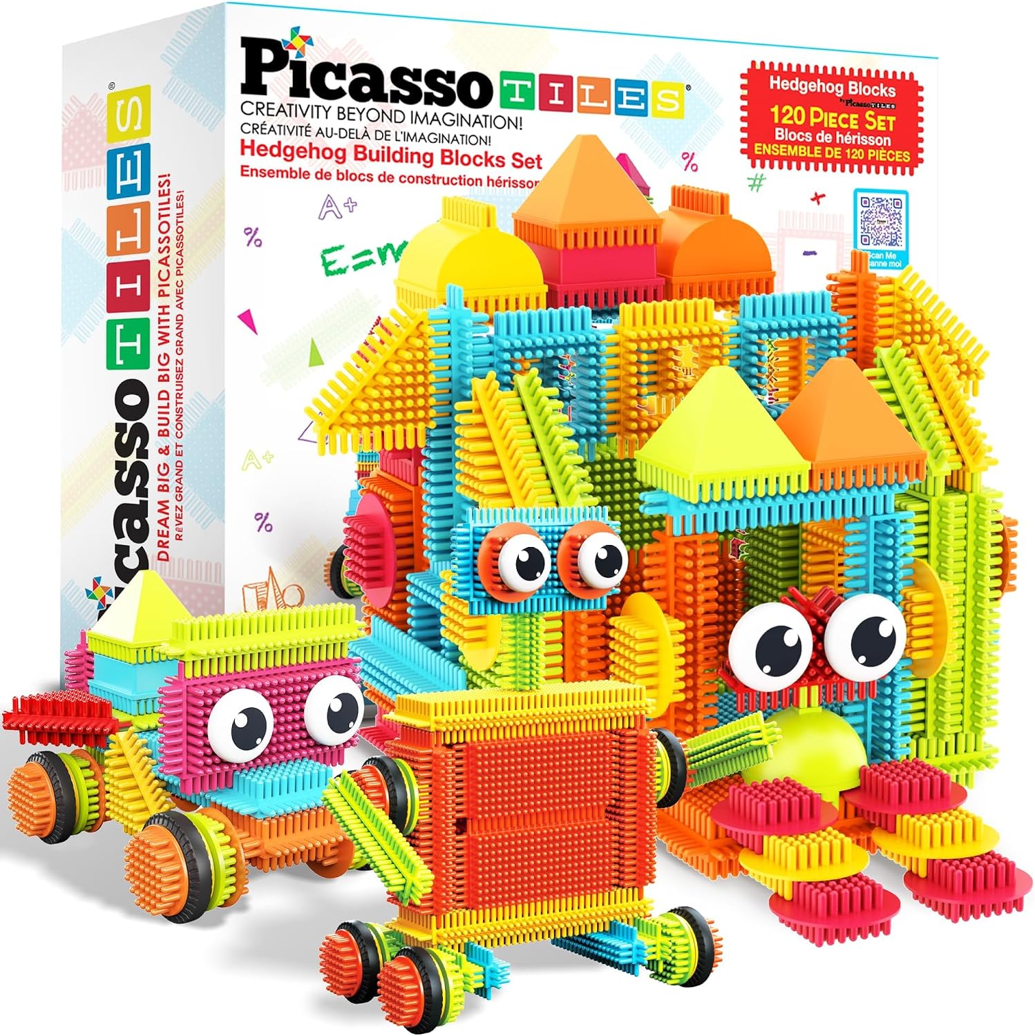 PicassoTiles 120pcs Hedgehog Interlocking Building Blocks Tiles Construction Toy Set Learning Playset STEAM Development Preschool Kindergarten Toy for Kids Age3+ PTB120 | Soft rubbery texture, easy-connect forms, BPA-free & lead-safe material, 20+ 3D designs, hand-eye coordination & sorting play